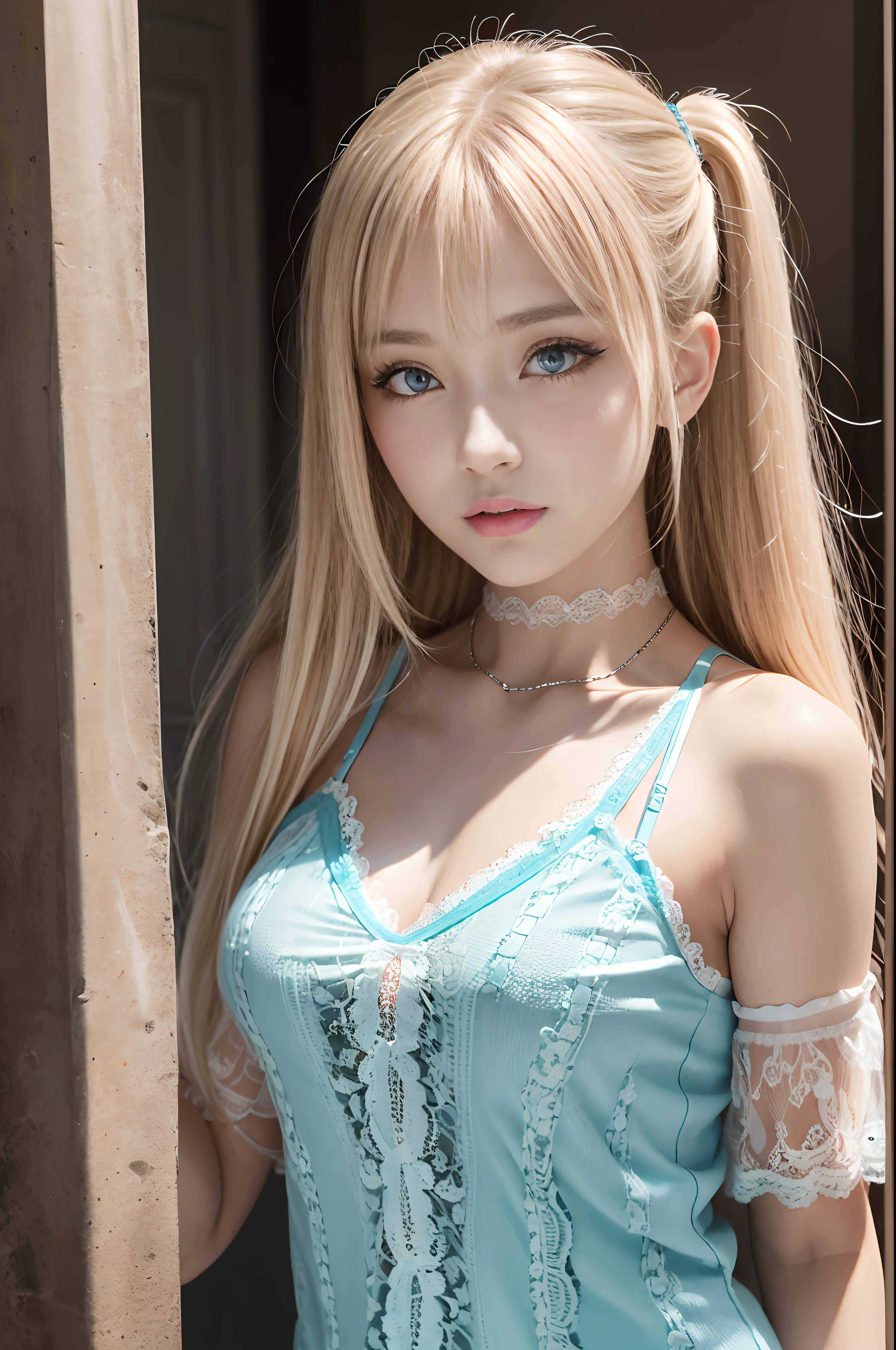 portlate、bright expression、poneyTail、Young shiny shiny white shiny skin、Best Looks、Blonde reflected light、Platinum blonde hair with dazzling highlights、shiny light hair,、Super long silky straight hair、Beautiful bangs that shine、Glowing crystal clear attractive big blue eyes、(Very beautiful lovely cute girl)、Lush bust,Beautiful detailed eyes,(( beautiful detailed nose)),natural make up、((Marie Rose))+,(Makeup that the eyes emphasize)、((Pleated skirt with many folds)),(((Lacey Camisole:1.5))),smil、(((独奏)))、