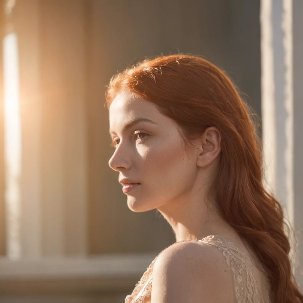 There is a red-haired woman pale ginger who is looking out the window at the sun, Comercial de TV, cinematic morning light, summer morning light, Luz Natural Canon EOS C 3 0 0, luz solar da hora dourada, radiant morning light, morning golden hour, natural lighting. 8 mil, muita luz solar, muita luz, ps5 cinematic screen capture, Morning lighting, cinema riverdale 1950 (Professional 3D rendering:1.3) de (Realistic:1.3) 8k unidade render, sol refletindo vidro da janela, poros da pele (Vibrando, fotografia realista, Realistic, Dramatic, Escuro, foco nítido, 8k), (Roupas de couro elegantes bege :1.4), ((((Use peles)))), (intrincado:1.4), decadente, (altamente detalhado:1.4), Pintura digital, rendering by octane, art stations, conceito-arte, liso, foco nítido, illustration, germe da arte, (Loish:0.23), Coffee on a table, manha tranquila anos 50, (global ilumination, studiolight, light volumetric), particles floating in light.