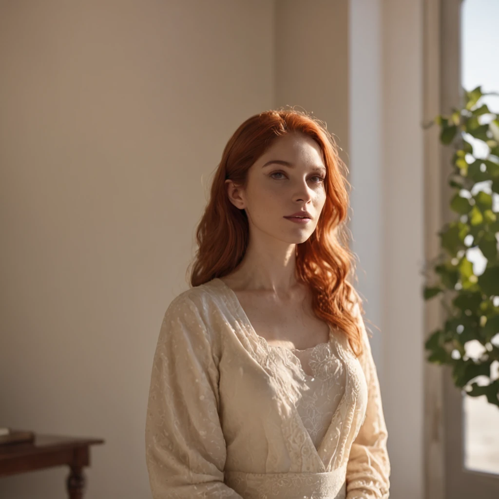There is a red-haired woman pale ginger who is looking out the window at the sun, Comercial de TV, cinematic morning light, summer morning light, Luz Natural Canon EOS C 3 0 0, luz solar da hora dourada, radiant morning light, morning golden hour, natural lighting. 8 mil, muita luz solar, muita luz, ps5 cinematic screen capture, Morning lighting, cinema riverdale 1950 (Professional 3D rendering:1.3) de (Realistic:1.3) 8k unidade render, sol refletindo vidro da janela, poros da pele (Vibrando, fotografia realista, Realistic, Dramatic, Escuro, foco nítido, 8k), (Roupas de couro elegantes bege :1.4), ((((Use peles)))), (intrincado:1.4), decadente, (altamente detalhado:1.4), Pintura digital, rendering by octane, art stations, conceito-arte, liso, foco nítido, illustration, germe da arte, (Loish:0.23), Coffee on a table, manha tranquila anos 50, (global ilumination, studiolight, light volumetric), particles floating in light.