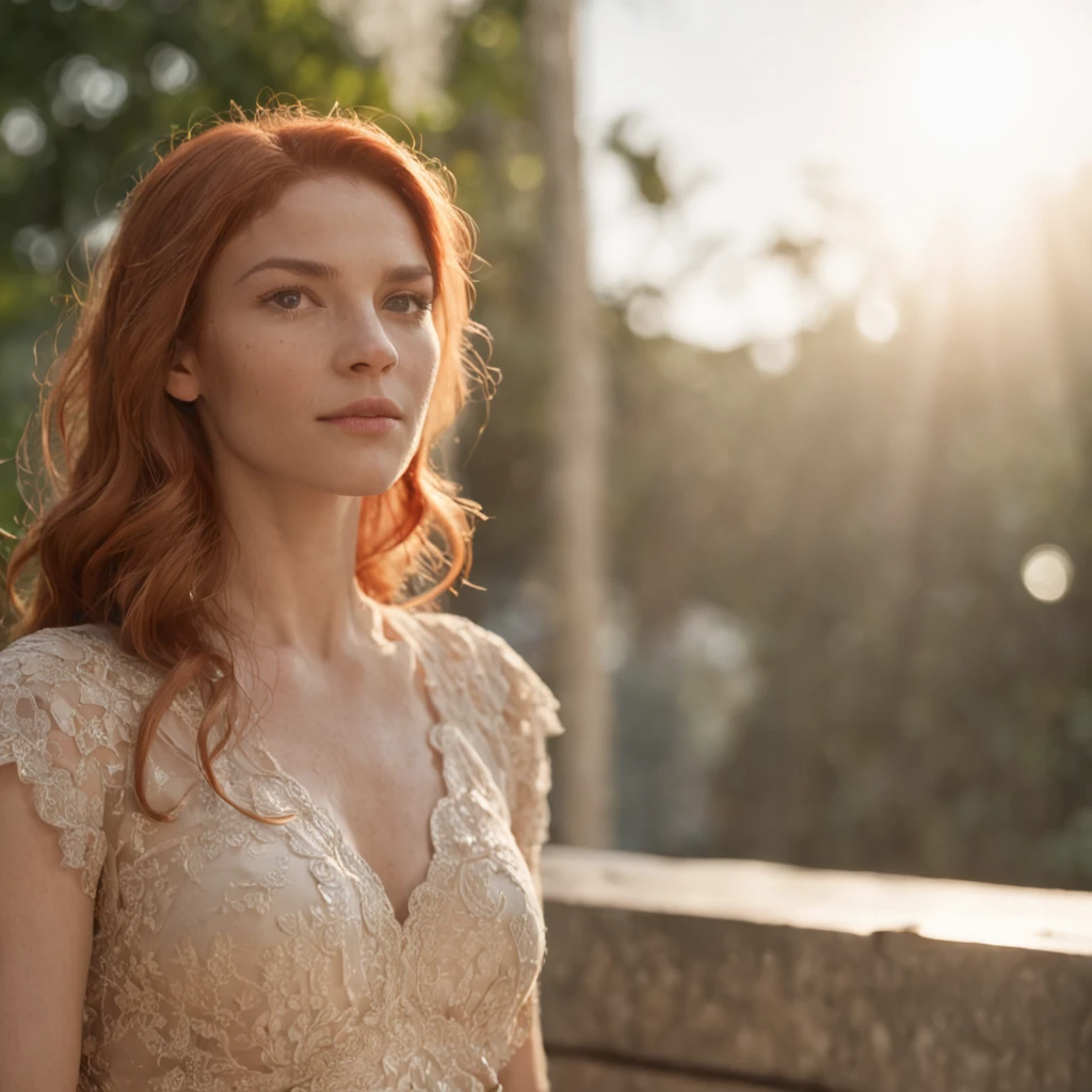 There is a red-haired woman pale ginger who is looking out the window at the sun, Comercial de TV, cinematic morning light, summer morning light, Luz Natural Canon EOS C 3 0 0, luz solar da hora dourada, radiant morning light, morning golden hour, natural lighting. 8 mil, muita luz solar, muita luz, ps5 cinematic screen capture, Morning lighting, cinema riverdale 1950 (Professional 3D rendering:1.3) de (Realistic:1.3) 8k unidade render, sol refletindo vidro da janela, poros da pele (Vibrando, fotografia realista, Realistic, Dramatic, Escuro, foco nítido, 8k), (Roupas de couro elegantes bege :1.4), ((((Use peles)))), (intrincado:1.4), decadente, (altamente detalhado:1.4), Pintura digital, rendering by octane, art stations, conceito-arte, liso, foco nítido, illustration, germe da arte, (Loish:0.23), Coffee on a table, manha tranquila anos 50, (global ilumination, studiolight, light volumetric), particles floating in light.