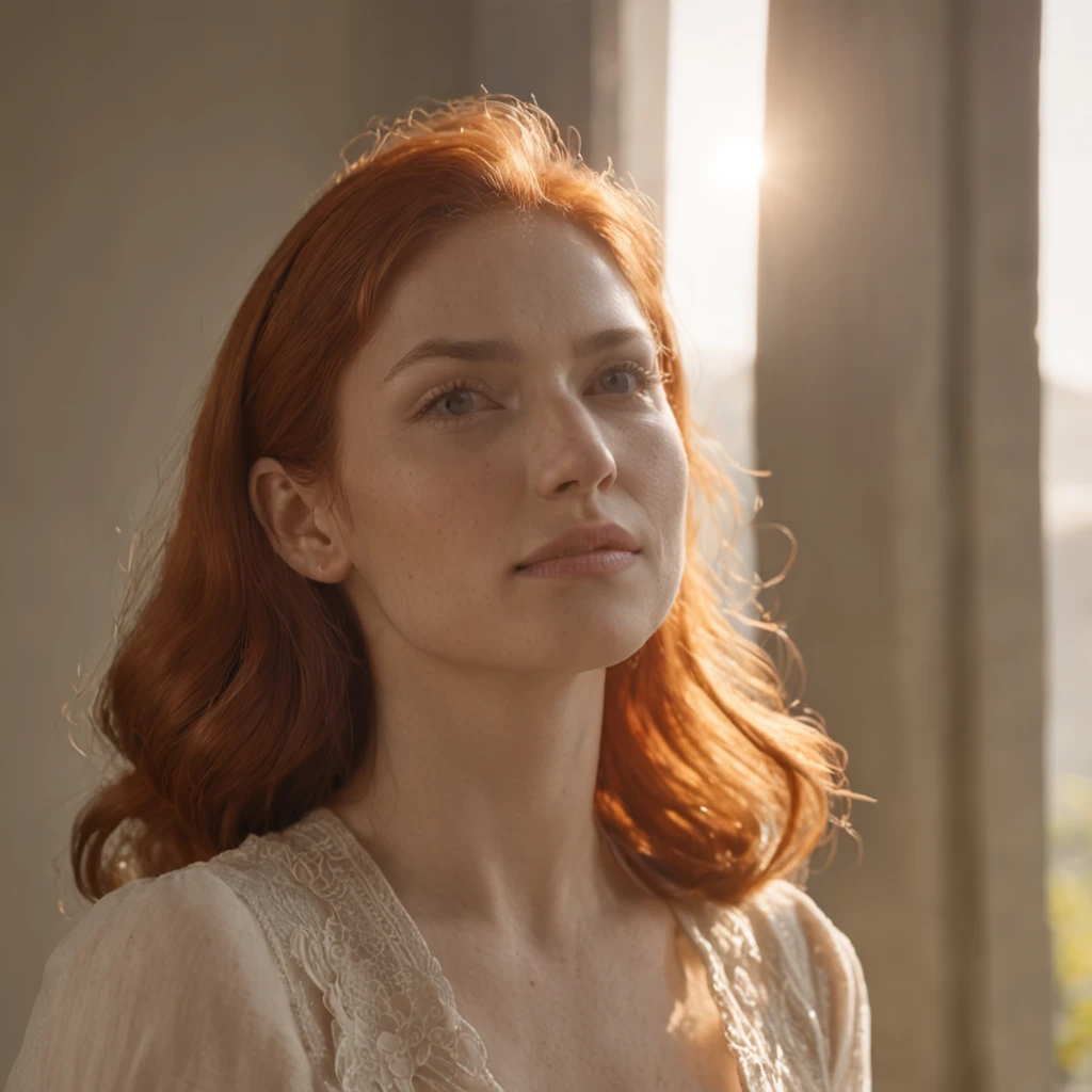 There is a red-haired woman pale ginger who is looking out the window at the sun, Comercial de TV, cinematic morning light, summer morning light, Luz Natural Canon EOS C 3 0 0, luz solar da hora dourada, radiant morning light, morning golden hour, natural lighting. 8 mil, muita luz solar, muita luz, ps5 cinematic screen capture, Morning lighting, cinema riverdale 1950 (Professional 3D rendering:1.3) de (Realistic:1.3) 8k unidade render, sol refletindo vidro da janela, poros da pele (Vibrando, fotografia realista, Realistic, Dramatic, Escuro, foco nítido, 8k), (Roupas de couro elegantes bege :1.4), ((((Use peles)))), (intrincado:1.4), decadente, (altamente detalhado:1.4), Pintura digital, rendering by octane, art stations, conceito-arte, liso, foco nítido, illustration, germe da arte, (Loish:0.23), Coffee on a table, manha tranquila anos 50, (global ilumination, studiolight, light volumetric), particles floating in light.