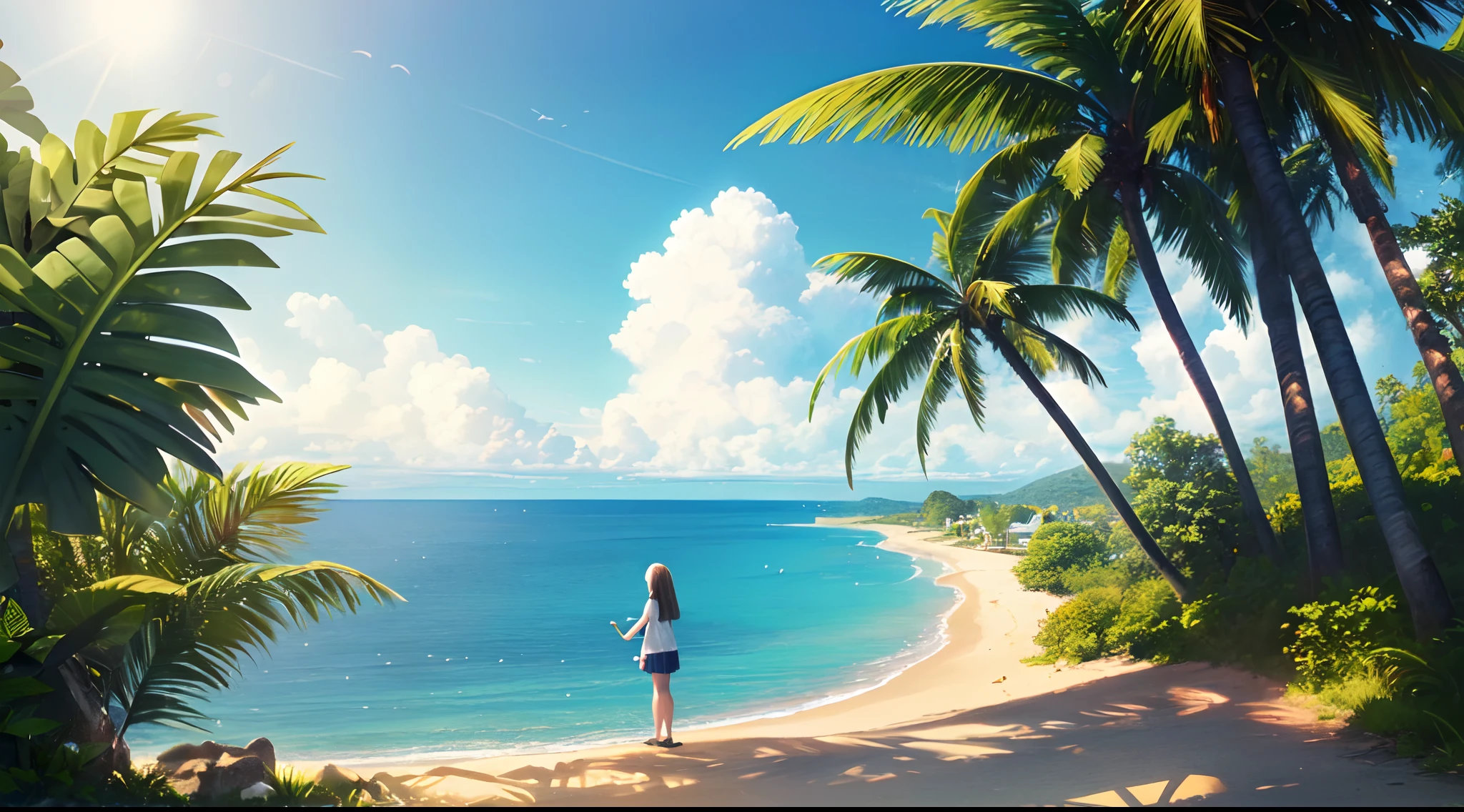 (8K,RAW photos,highest quality, masterpiece,HDR,bloom:1.2),girl,desktop wallpaper,outdoor,cinematic lighting,morning,clouds,Sea,beach,Summer,sky,sun,Coconut tree