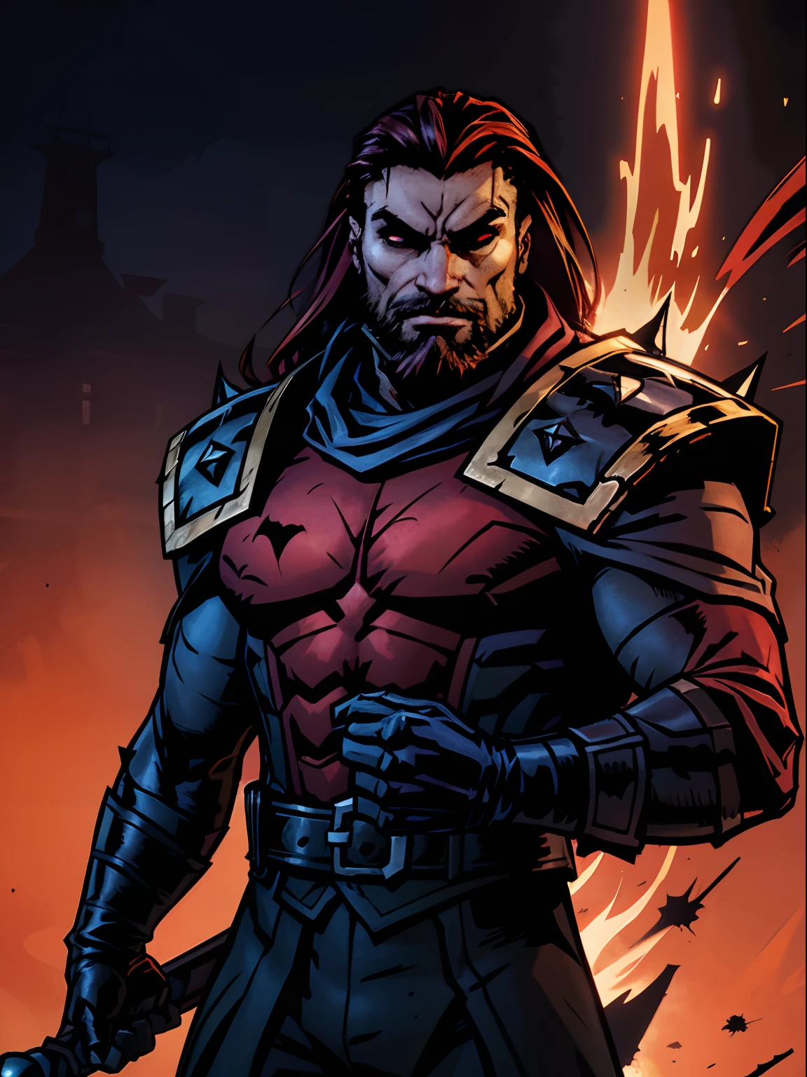 Darkest dungeon style, Mr. Sinister from Marvel, hunk, shoulder length mane hair, defined face, detailed eyes, short beard, glowing red eyes, dark blue hair, wearing army captain suit, comic cover, Film-poster, Epic