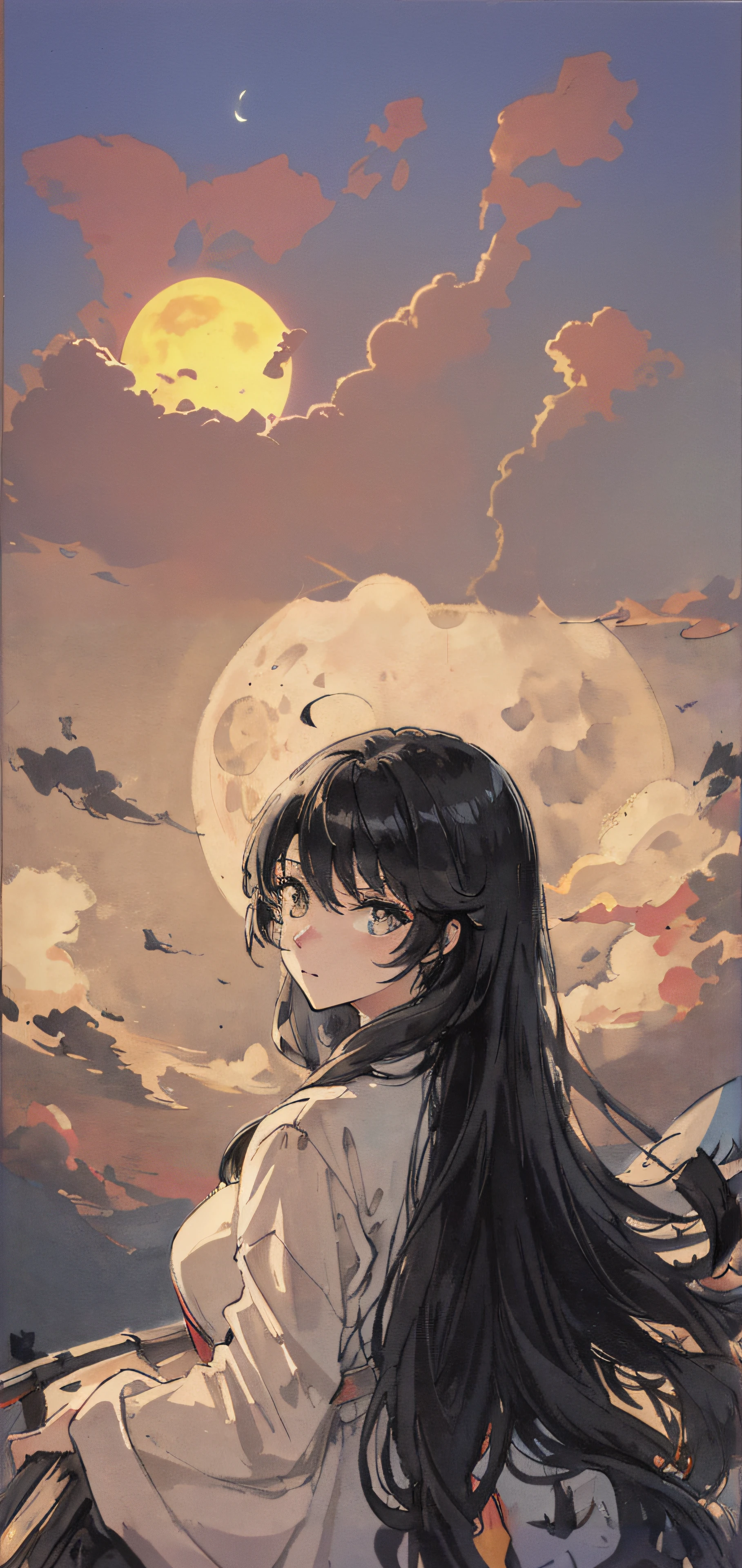 tmasterpiece,best qualityer,the night,moutains,Clouds,moon full,siluette。