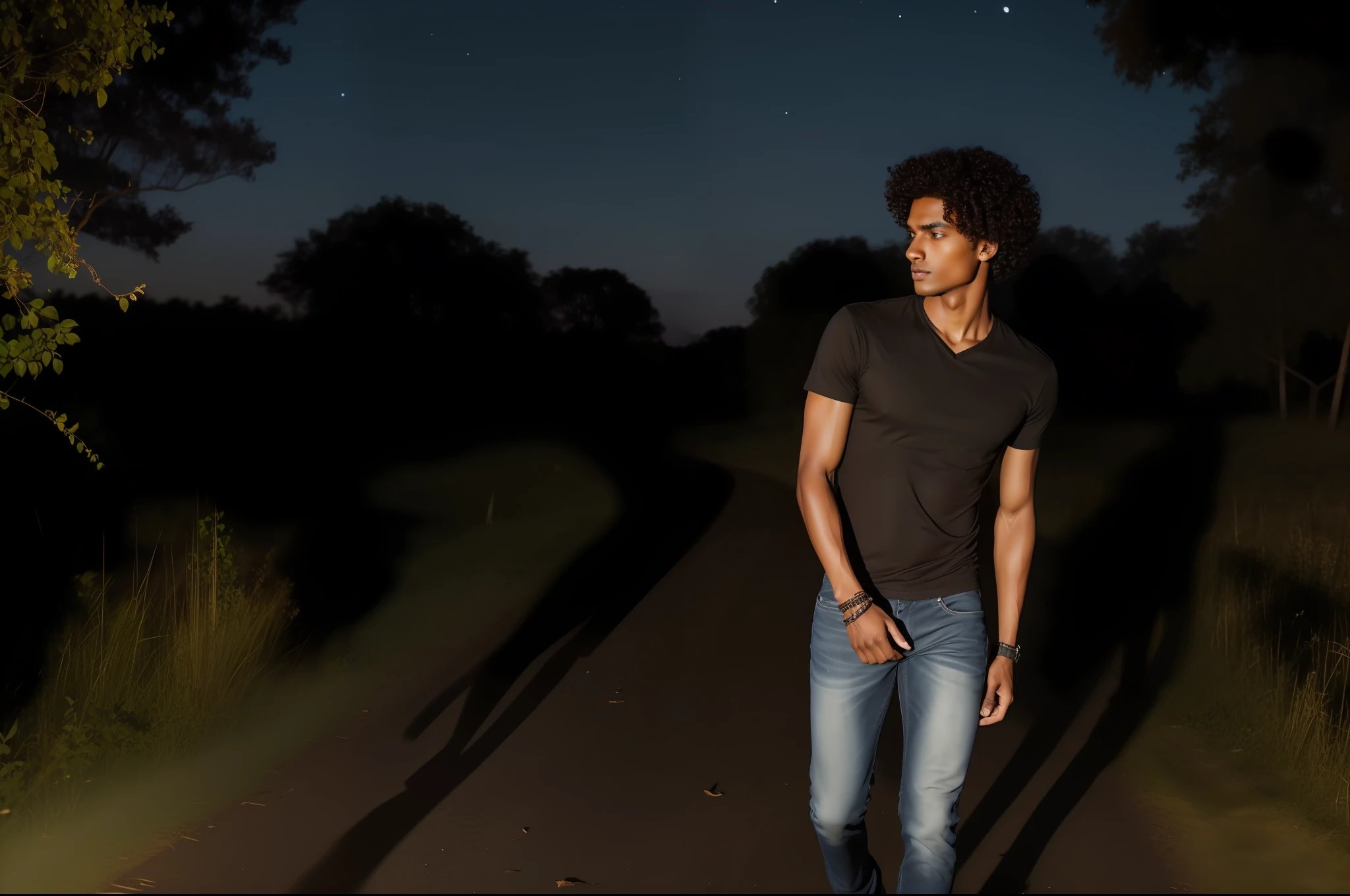 realistic image of a 25-year-old man, brown skin, thin body, curly and short hair, Latin features, black shirt and jeans, walking on a night farm, talking, expression of urgency