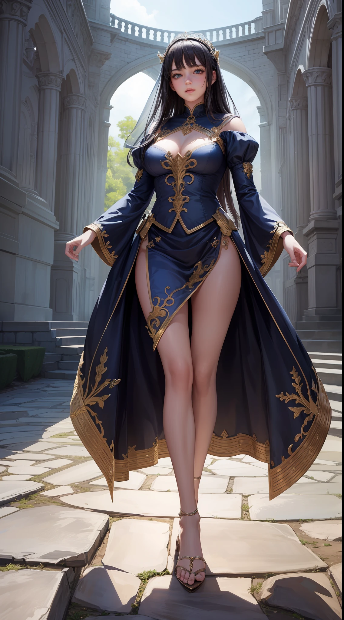 beautiful woman, Whole body, dark gray hair, medieval blue dress, perfect legs, bare legs, bare arms, beautiful heels, fancy heels, walking on the horizon, very large medial castle background. Blue and white medieval dress, Anne of arms.