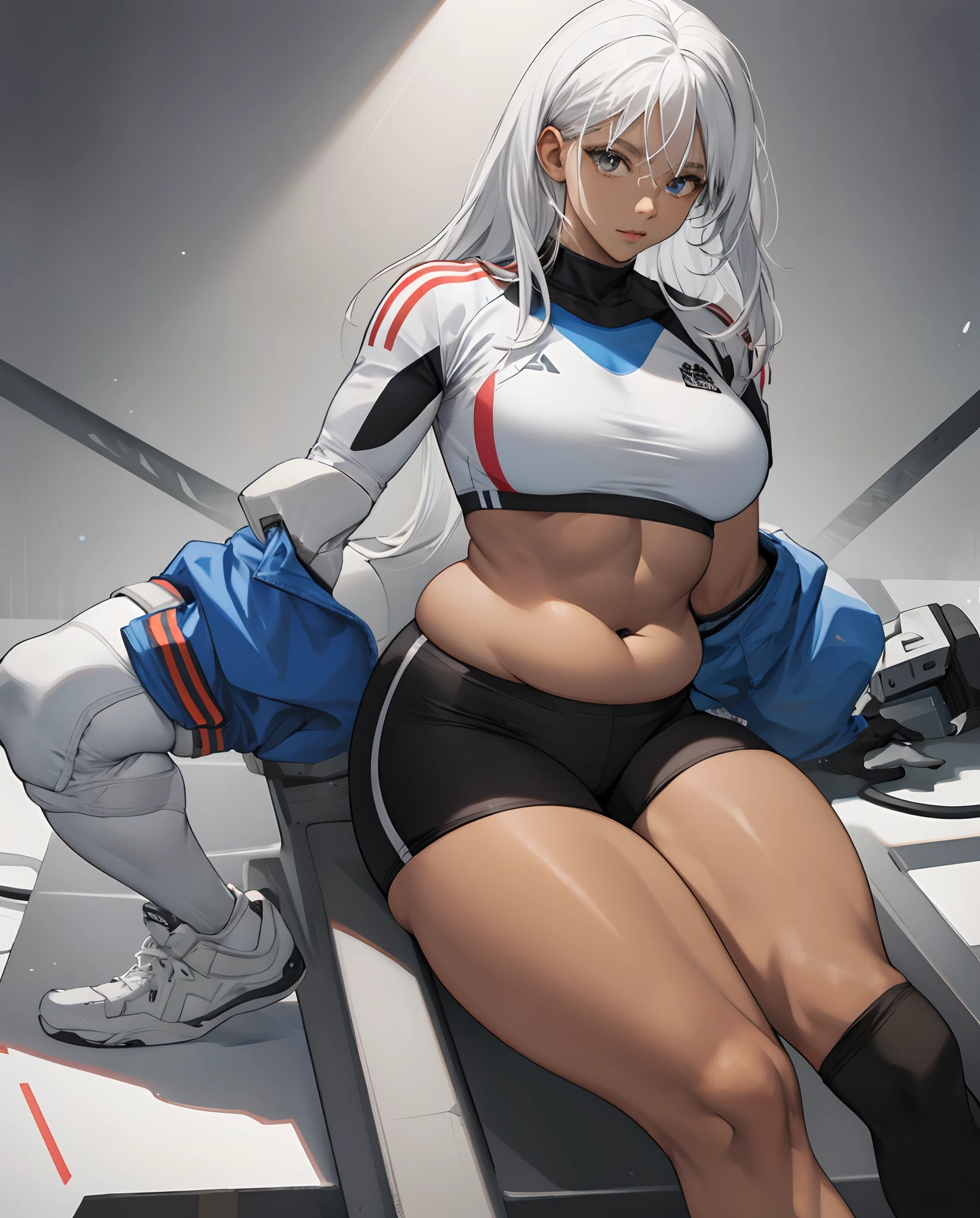 a plump buttocks,Thick, well-defined thighs,White over-the-knee socks,Full, beautiful breasts,Bulging lower abdomen,tight sport top,Black skin and white hair