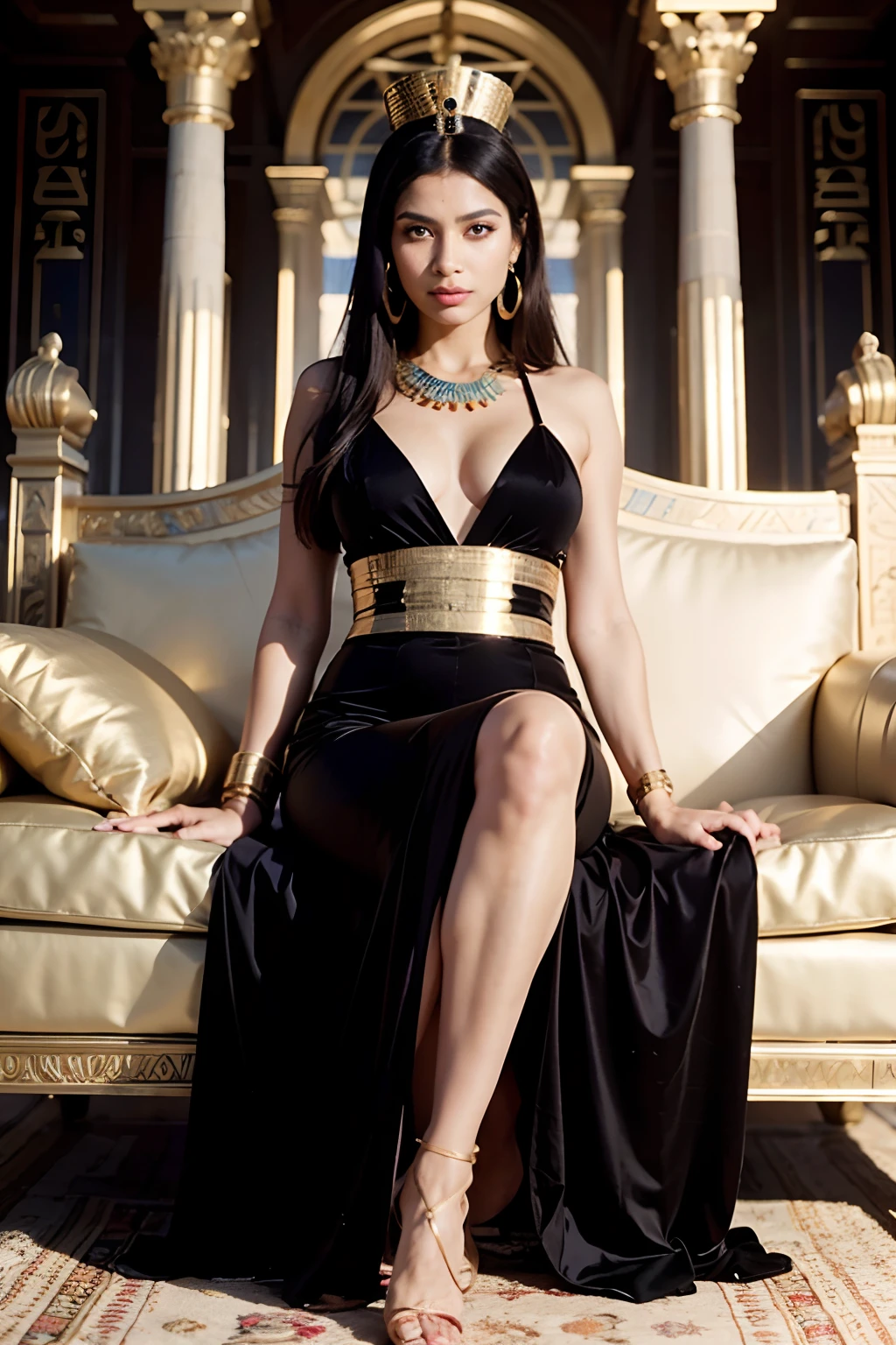 cleopatra, egyptian queen, light brown eyes, glowing eyes, black glossy hair, long hair, resting on a cushion, golden dress, glowing dress, egyptian palace, golden ornaments, look of pride, lower point of view, lens flares, raytracing reflexes, iridiscente reflexes, glossy diamond earrings, navel, golden saron skirt