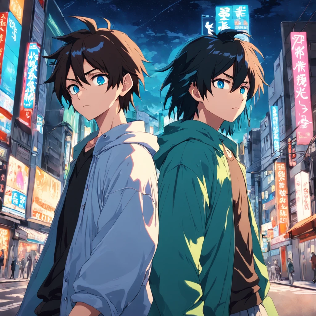 two guys walking down a street in tokyo, having fun, one black hair blue eyes, second brown long hair green eyes, 2000 vibes, 2000s anime