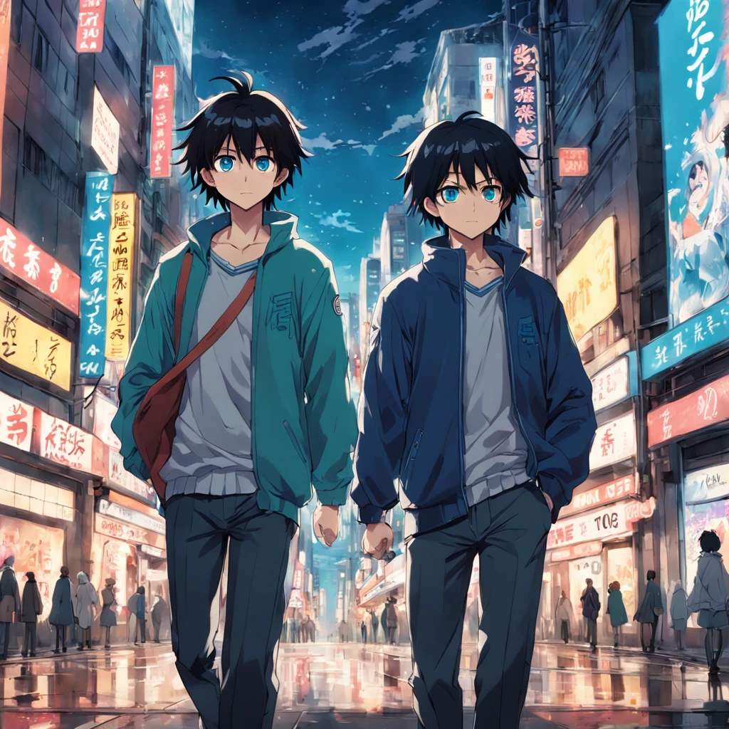 two guys walking down a street in tokyo, having fun, one black hair blue eyes, second brown long hair green eyes, 2000 vibes, 2000s anime