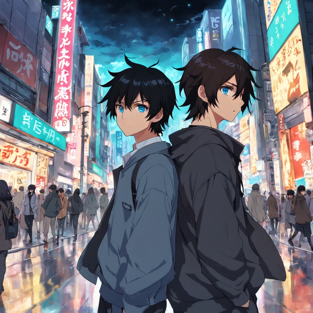 two guys walking down a street in tokyo, having fun, one black hair blue eyes, second brown long hair green eyes, 2000 vibes, 2000s anime