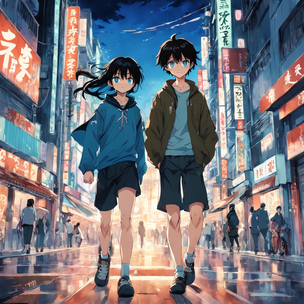 two guys walking down a street in tokyo, having fun, one black hair blue eyes, second brown long hair green eyes, 2000 vibes, 2000s anime