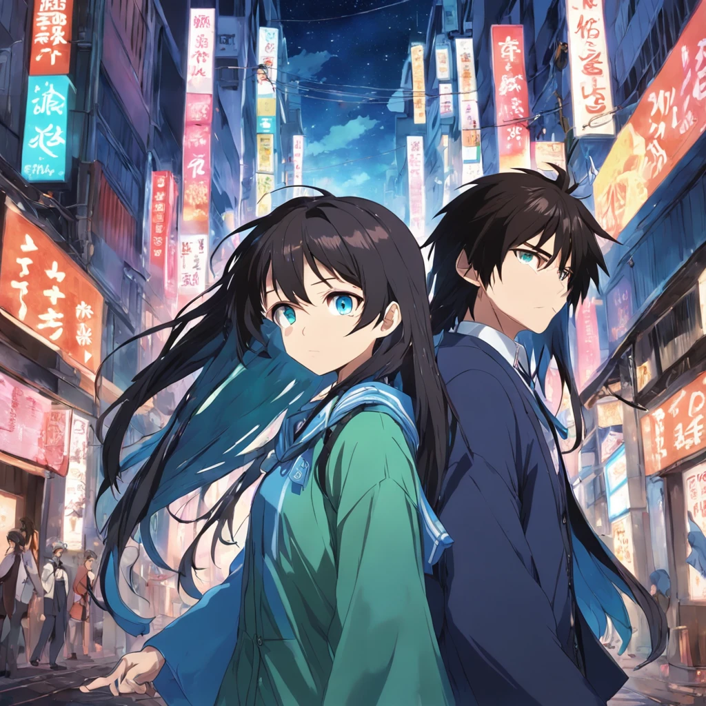 two guys walking down a street in tokyo, having fun, one black hair blue eyes, second brown long hair green eyes, 2000 vibes, 2000s anime