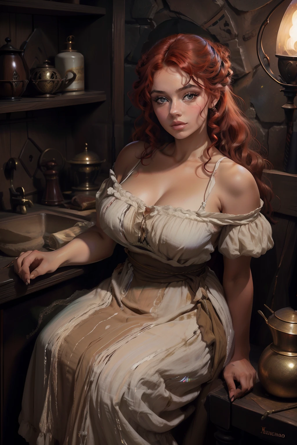 pintura de uma mulher com cabelo vermelho e um estrangulamento em um vestido preto, Estilo de arte de John Collier, Donzela com cabelo de cobre, estilo de Karol Bak, uma jovem ruiva, Retrato de uma jovem bruxa, No Bowater Art Style, Directed by: Roberto Lenkiewicz, Geraldo Brom, Alberto Lynch, portrait of princess merida, Dave Sim, Red-haired girl in a shadowy palace, vestido preto e roxo de veludo usando um kokoshnic, roupa luxuosa de cigana, head adornment, Gargantilha de renda, obra-prima, mais alta qualidade, (sozinho), (rosto perfeito: 1.3), (alto detalhe: 1.2), Dramatic, 1girl, anjo, (pale skinned), longos cabelos ruivos, cabelos vermelhos escuros, (Seios enormes), sobrancelhas claras, cabelo longo, noite, roupa de gypspy medieval de cor purpura e preta, muitas joias, head adornments, olhos castanhos, umbigo coberto, pouty lips, Curvilinear, (arms behind back: 1.4), Coberto, Detailed palace background, arte de artgerm e greg rutkowski, cinematic lighthing, , moda, Balenciaga, Alexandre Mc Queen, Glitter, cabelos vermelhos acobreados, cabelos ruivos acobreados, cabelos vermelhos, mulher ruiva, cabelos vermelhos bonitos, ruiva, pale skinned, garrafa de gordura, large lips, juicy lips beautiful lips, olhos bonitos, boechachas gordinhas, Rosto redondo, jovem gordinha, Adolescente gordinha, Chub, ****** gorda, Mulher com corpo rechonchudo, mulher gordinha