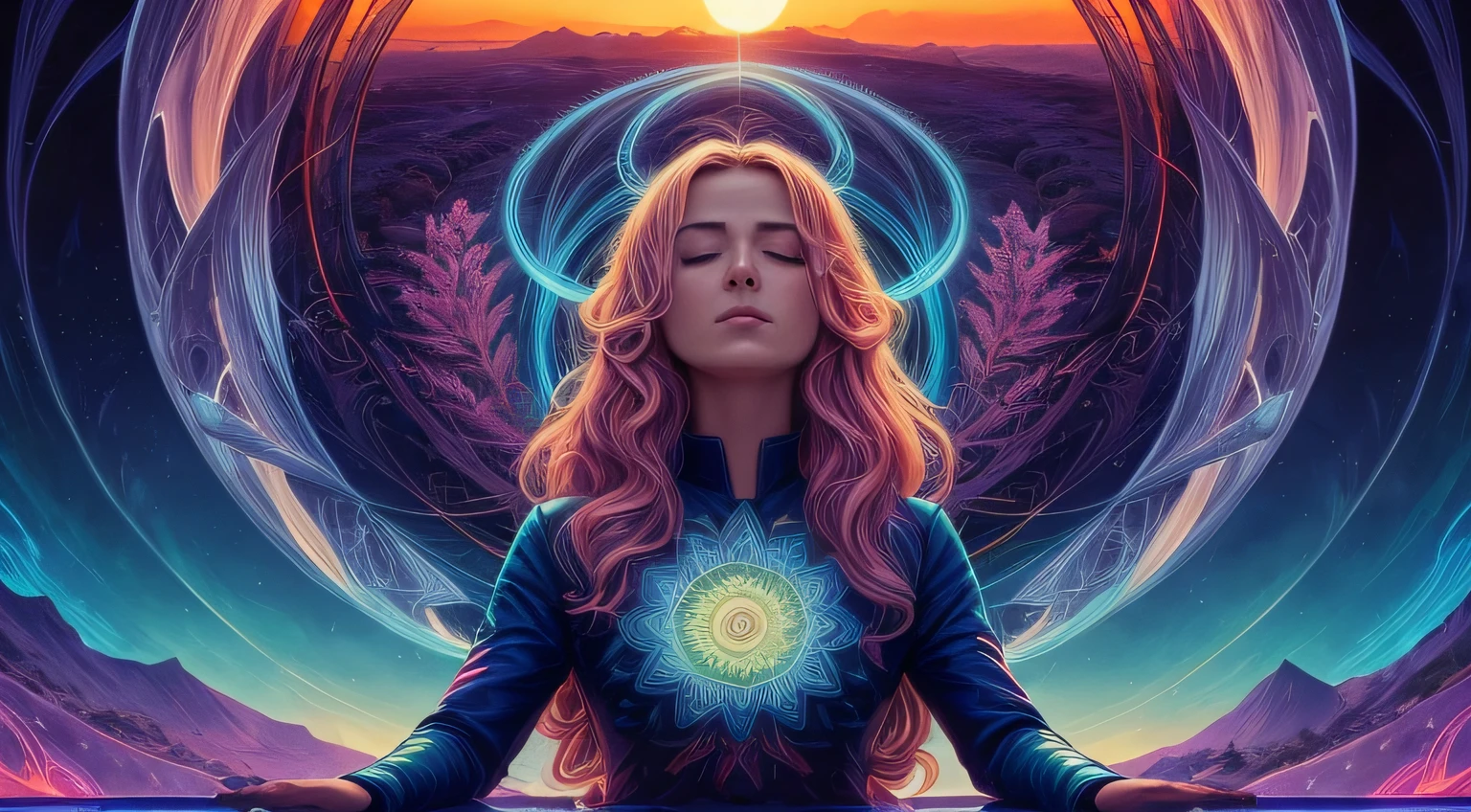 mulher com mais de 22 anos de idade olhando para zenith, Meditando, arms wide open, cinemactic, 4k ultra |, beautiful face, ((corpo inteiro)), circunstanciado, perfect fingers, Beautiful woman: 1.3, rosto bonito com boa nitidez, cores saturadas, Psychedelic image, LSD, mandala, Fractral, Profundidade 3D, Dan Mumford e Alex Grey Estilo, sunset psychedelic, kilian eng cores vibrantes, Psychedelic landscape, kilian eng cores vibrantes, Dan Mumford e Albert Bierstadt, arte oficial, No estilo Dan Mumford obra de arte, Dan Mumford Tinta, Jen Bartel, psychedelic art style, mythical floral hills