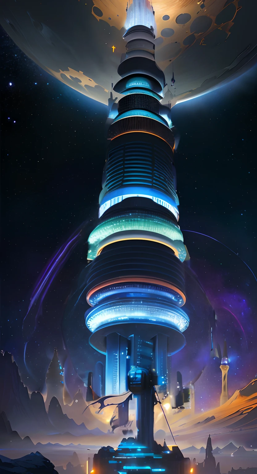 Garoto olhado para uma torre futurista muito alta com portais e planetas ao redor