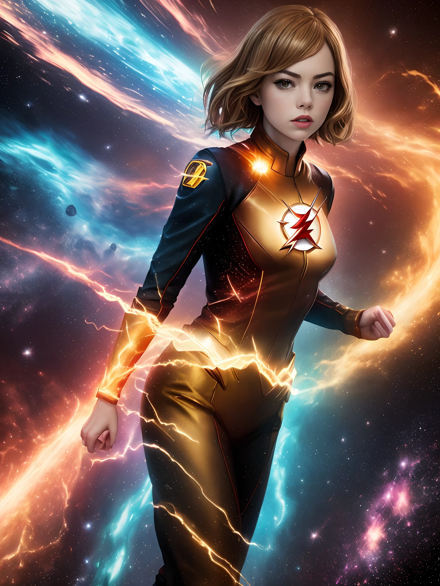 Emma Stone cosplay de o flash | | | |, uniforme de armadura vermelha, no fundo uma cidade, detalhes ultra, Ultra realista, cinemactic, octan render, 16k,(((Red jumpsuit with yellow ray on the chest))) Correndo em alta velocidade