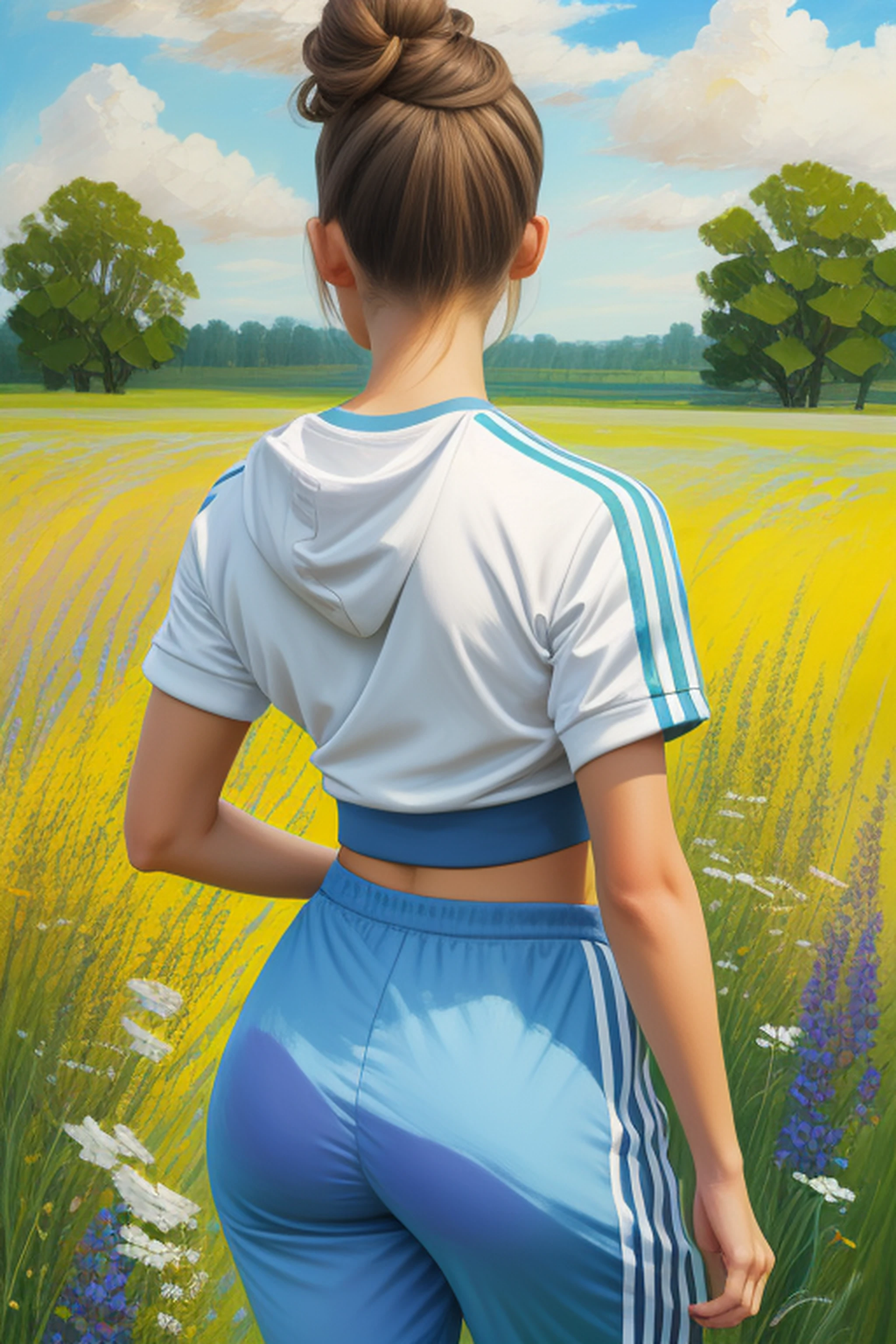taken from behind, highly-detailed, standing straight up pose, dynamic sexy pose, adidas tracksuit, hair bun, in a dreamlike setting, with soft pastel colors, in tall long wildflower field, painted in impressionist style, brushstroke painting technique, palette knife painting, an expressive oil painting,