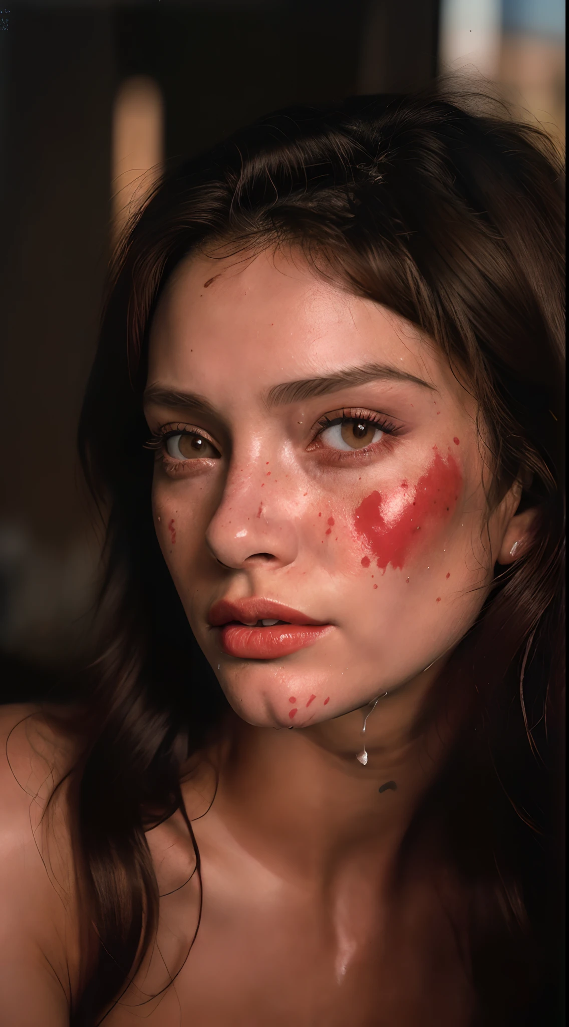 (Close-up, fotografia editorial de uma mulher de 21 anos), (Rosto altamente detalhado:1.4) (sorrir:0.7) (fundo dentro escuro, Moody, estudo privado:1.3) Pov, Directed by: Lee Jeffries, Nikon D850 |, filme fotografia de stock ,4 Kodak Portra 400 ,camera f1.6 lentes ,cores ricas ,hyper realistic ,textura realista, dramatic lighting , cinestill 800, cum of her face cum on face