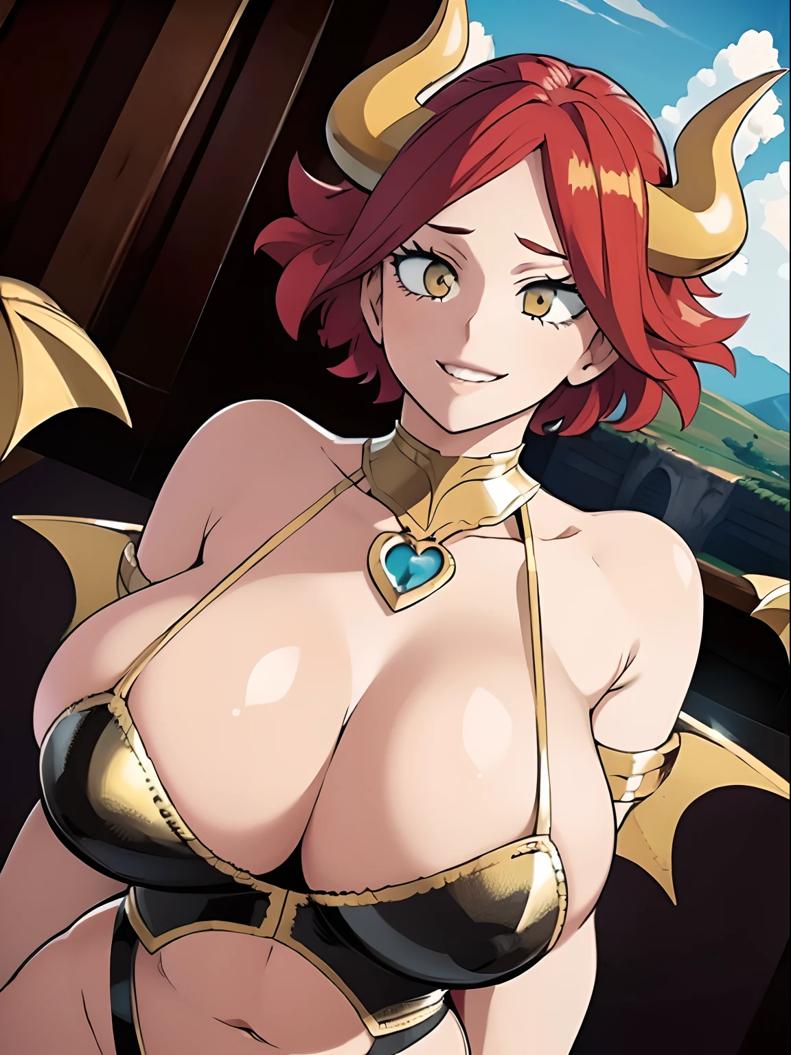 (Best quality:1.1), (Masterpiece:1.4), (mha style), (Illustration fantastique:1.2), dutch angle, 1fille, ((bimbo)), seulement, (diable:1.3),red scarlet hair, yellow golden eyes, sourire malsain, massive huge breast, curvy, thick, (Volcan:1.3), lave, Roche en fusion, montagne, (pleine lune:0.35), (Enfer:1.3) (Fiery background:0.5), (dramatic lighting:1.2), Nuages sombres, cleavage cutout, gros seins, fishnet, Demons flying through