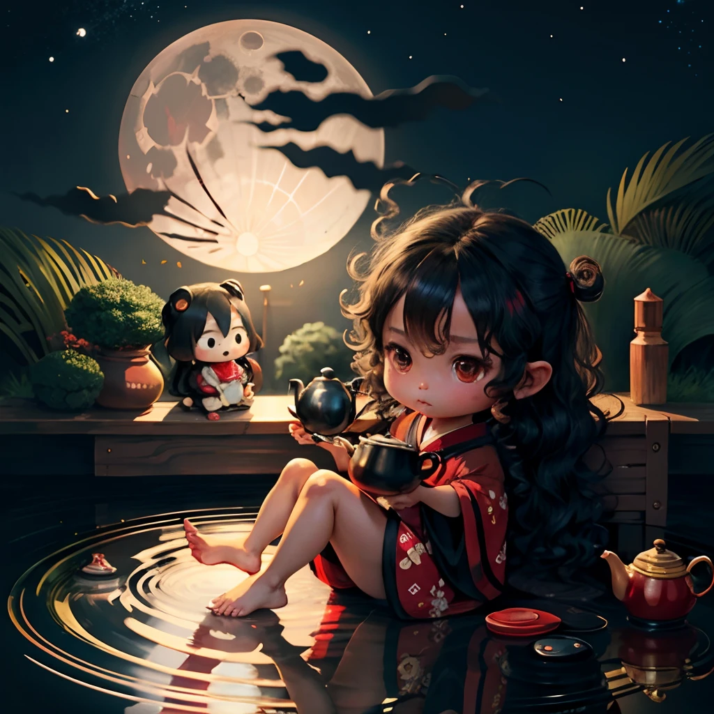 Cute brown skinned baby chibi anime, black and red kimono, sit in the teapot, moon, long  curly black hair, clear toes, clear feet, freckle face, wear sandals