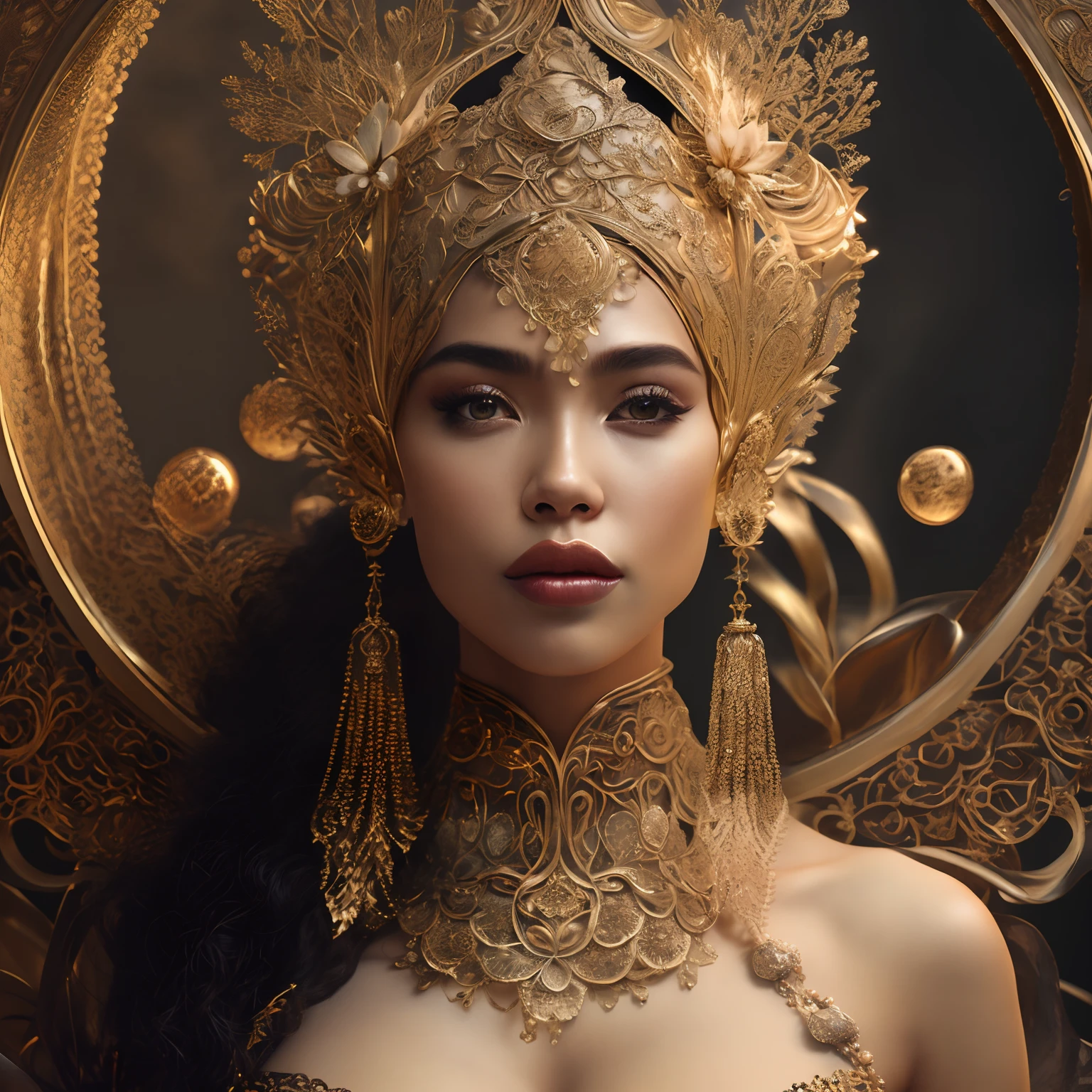 ultrarealistic portrait of a woman with tan skin, wearing gold crafted headpiece and jasmine wreath, 8k photographic style filigree fractal details intricate ornate outfit hypermaximalist sharp focus, dramatic lighting, highly detailed and intricate, hyper maximalist, ornate, luxury, elite, haunting, matte painting, cinematic, cgsociety, James jean, Brian Froud, Ross Tran