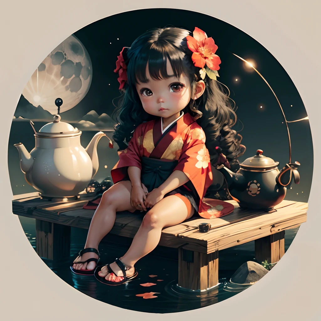 Cute brown skinned chibi anime, black and red kimono, sit in the teapot, moon, long curly black hair, clear toes, clear feet, freckle face, wear sandals