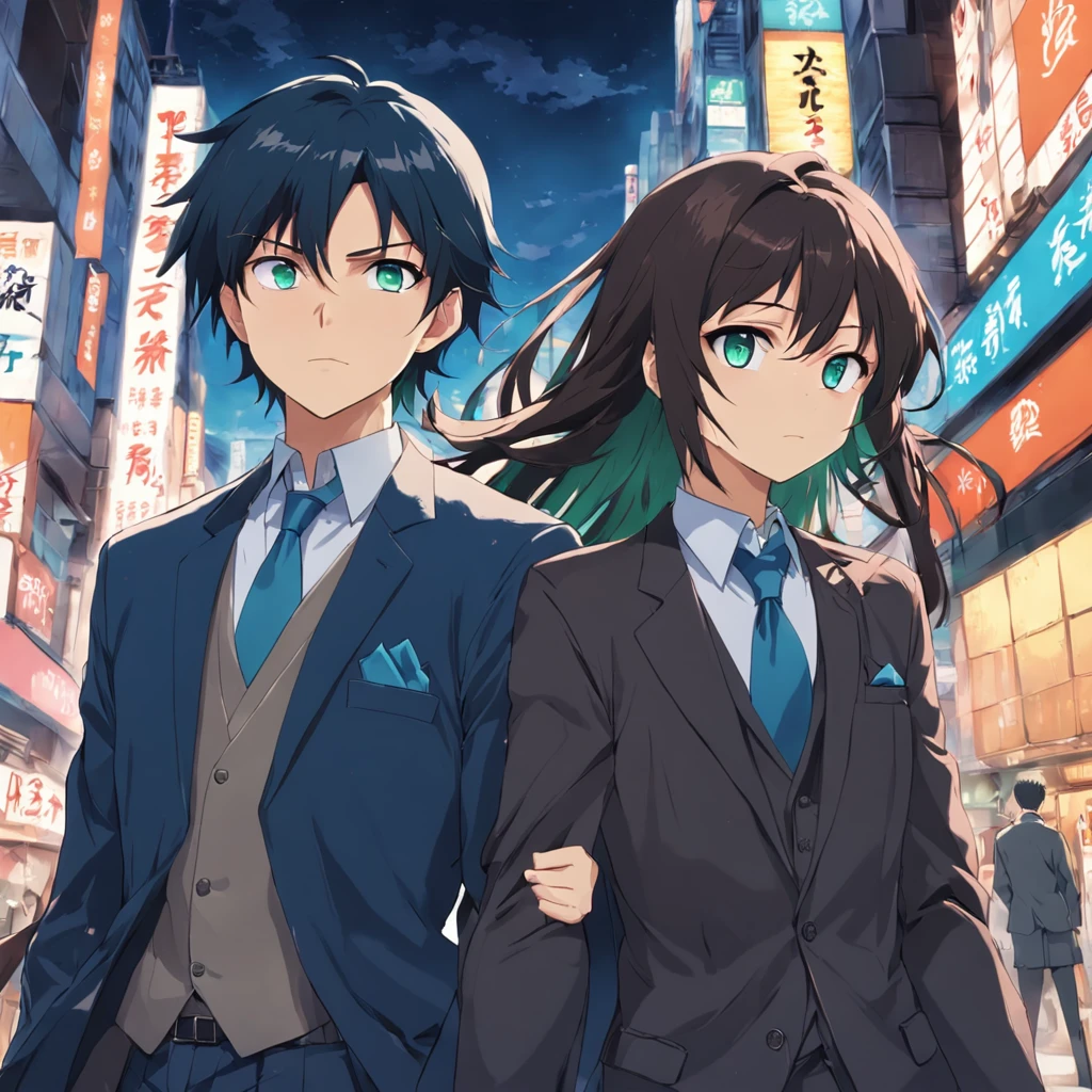 two guys walking down a street in tokyo, having fun, one black hair blue eyes, second brown long hair green eyes, 2000 vibes, 2000s anime, one dressed business formal the other casual