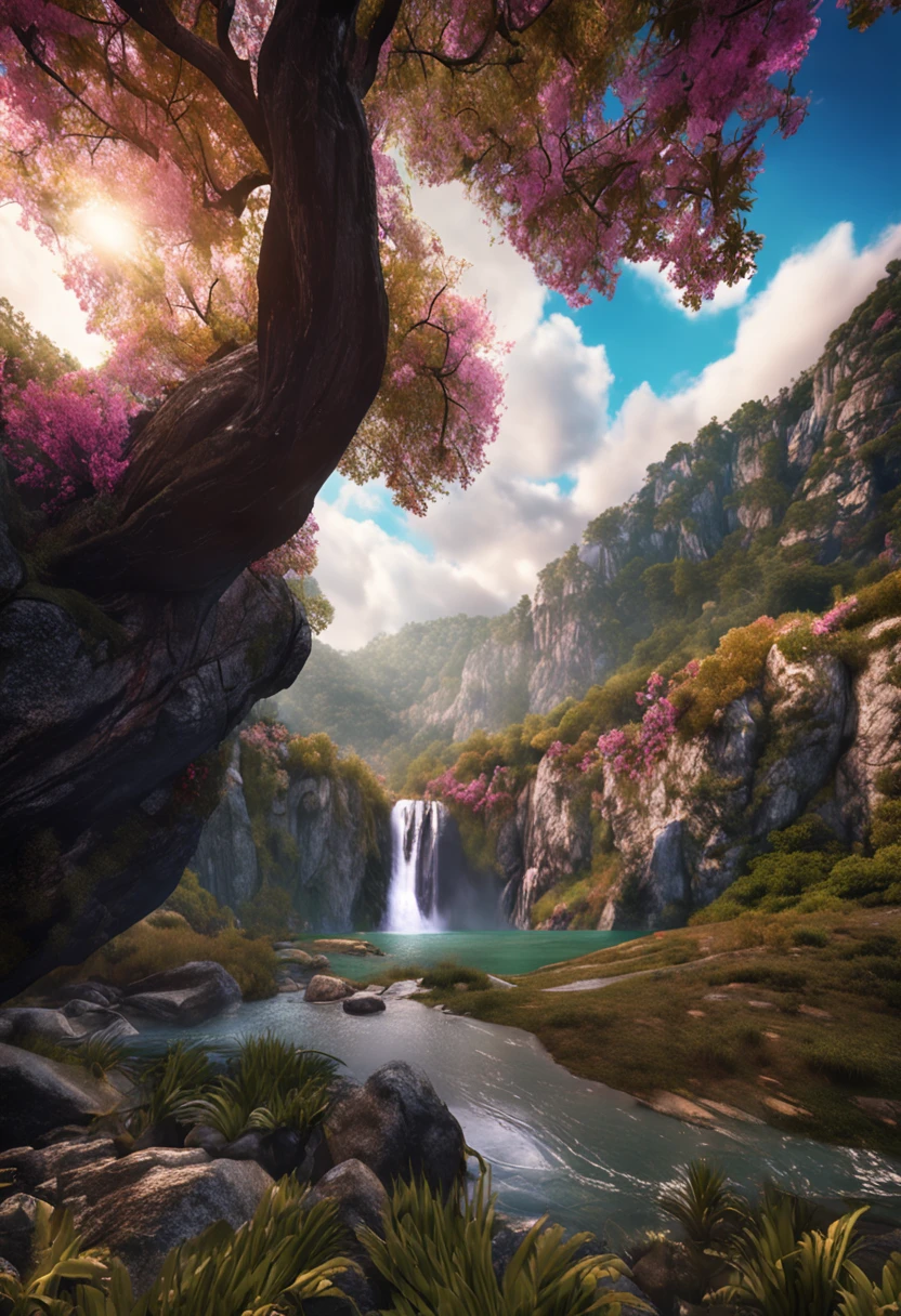 Masterpiece, best quality, high quality, extremely detailed CG unity 8k wallpaper, landscape, outdoor, sky, cloud, sky, no humans, mountain, landscape, water, tree, blue sky, waterfall, cliff, nature, lake, river , cloudy skies, award winning photography, bokeh, depth of field, HDR, bloom, chromatic aberration, photorealism, very detailed, trending on artstation, trending on CGsociety, intricate, high detail, dramatic, midjourney art