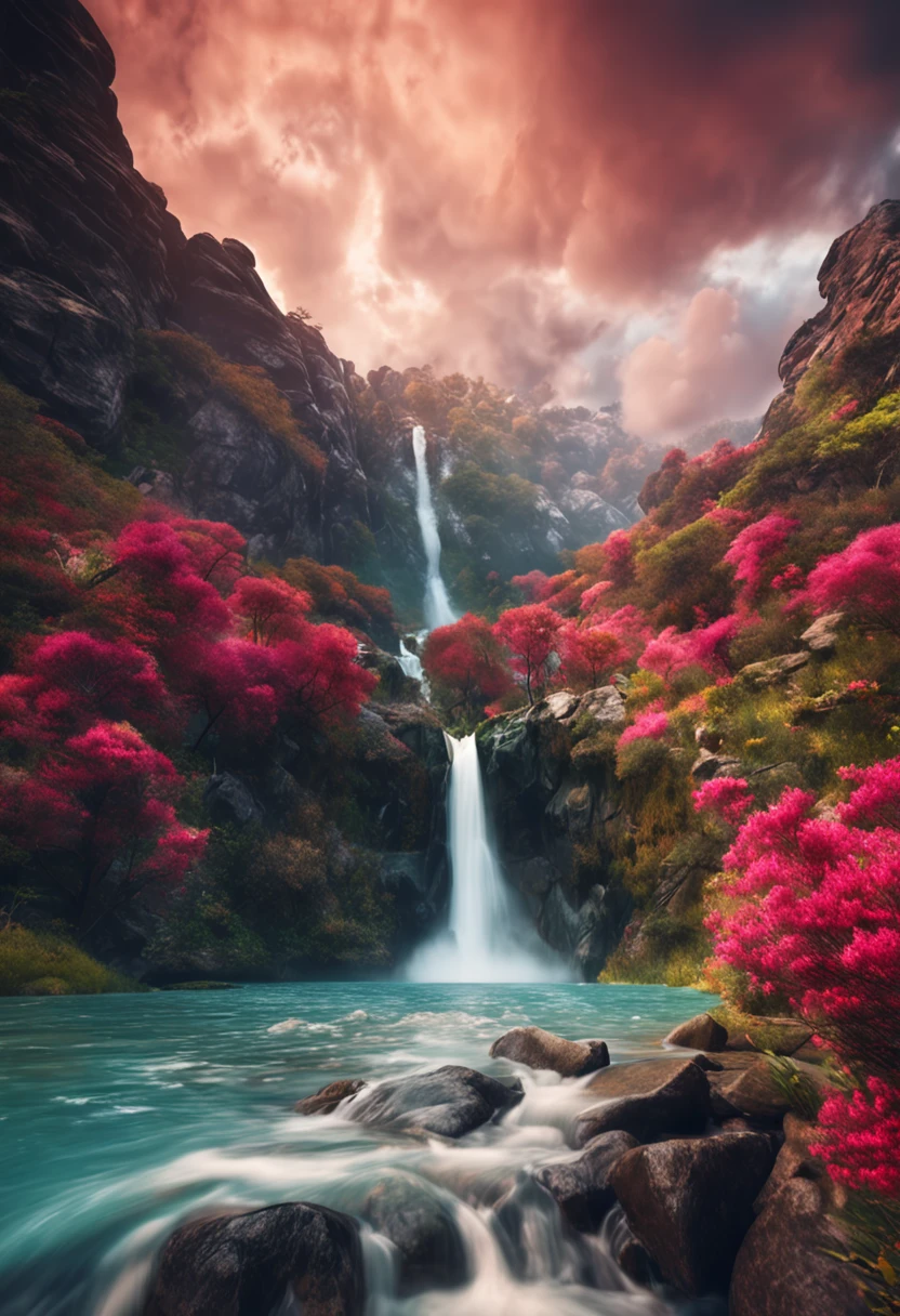 Masterpiece, best quality, high quality, extremely detailed CG unity 8k wallpaper, landscape, outdoor, sky, cloud, sky, no humans, mountain, landscape, water, tree, blue sky, waterfall, cliff, nature, lake, river , cloudy skies, award winning photography, bokeh, depth of field, HDR, bloom, chromatic aberration, photorealism, very detailed, trending on artstation, trending on CGsociety, intricate, high detail, dramatic, midjourney art
