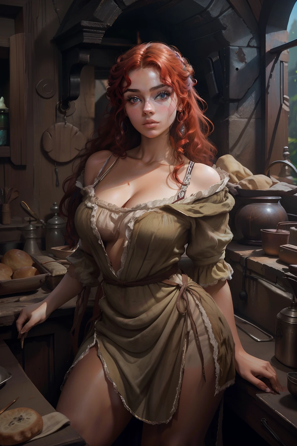 pintura de uma mulher com cabelo vermelho e um estrangulamento em um vestido preto, Estilo de arte de John Collier, Donzela com cabelo de cobre, estilo de Karol Bak, uma jovem ruiva, Retrato de uma jovem bruxa, No Bowater Art Style, Directed by: Roberto Lenkiewicz, Geraldo Brom, Alberto Lynch, portrait of princess merida, Dave Sim, Red-haired girl in a shadowy palace, vestido preto e roxo de veludo usando um kokoshnic, roupa luxuosa de cigana, head adornment, Gargantilha de renda, obra-prima, mais alta qualidade, (sozinho), (rosto perfeito: 1.3), (alto detalhe: 1.2), Dramatic, 1girl, anjo, (pale skinned), longos cabelos ruivos, cabelos vermelhos escuros, (Seios enormes), sobrancelhas claras, cabelo longo, noite, roupa de gypspy medieval de cor purpura e preta, muitas joias, head adornments, olhos castanhos, umbigo coberto, pouty lips, Curvilinear, (arms behind back: 1.4), Coberto, Detailed palace background, arte de artgerm e greg rutkowski, cinematic lighthing, , moda, Balenciaga, Alexandre Mc Queen, Glitter, cabelos vermelhos acobreados, cabelos ruivos acobreados, cabelos vermelhos, mulher ruiva, cabelos vermelhos bonitos, ruiva, pale skinned, garrafa de gordura, large lips, juicy lips beautiful lips, olhos bonitos, boechachas gordinhas, Rosto redondo, jovem gordinha, Adolescente gordinha, Chub,  gorda, Mulher com corpo rechonchudo, mulher gordinha]