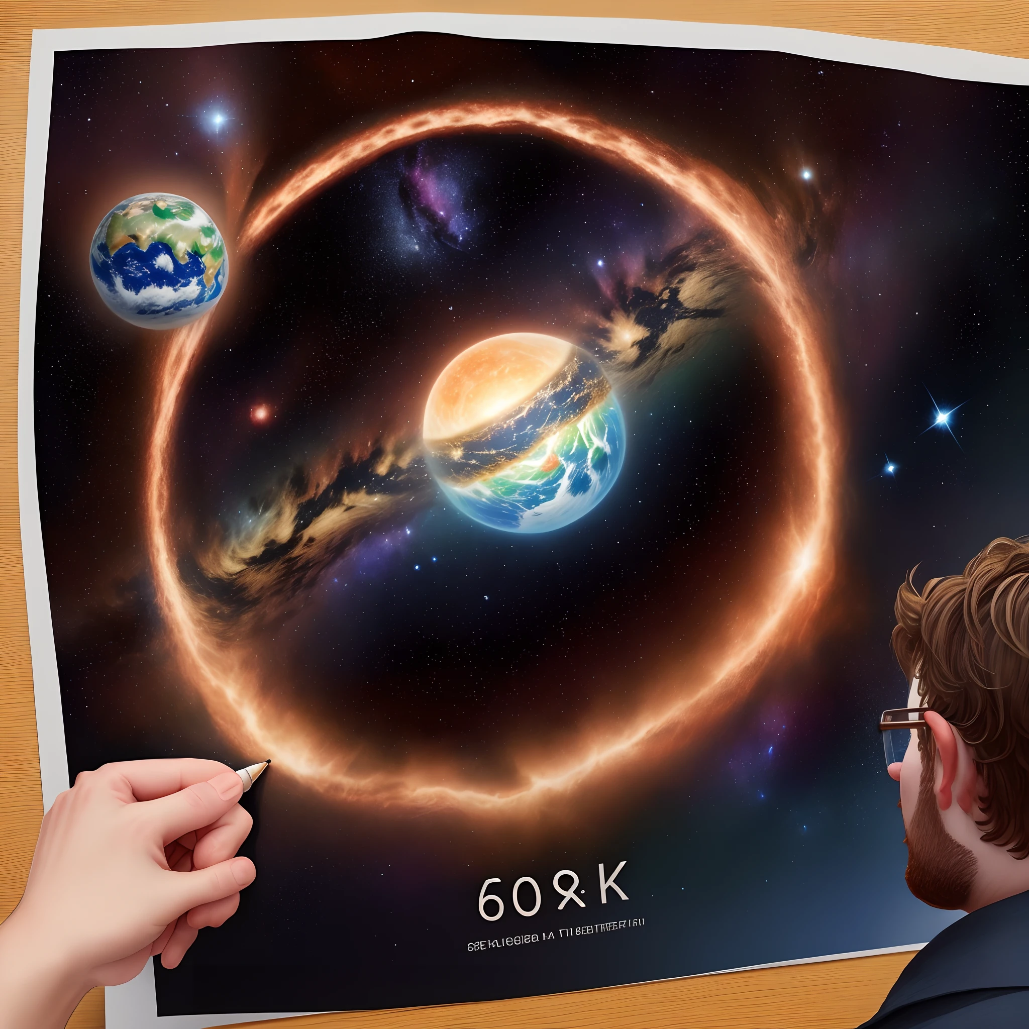 Astronomy teacher who wears glasses, ele parece 60% com Chris Hemsworth e 40% com Seth Rogen. he heads to the board and begins to draw a diagram that represents the Earth, a nearby star (Estrela A) e uma estrela distante (Estrela B). Imagem ultra realista (8k).