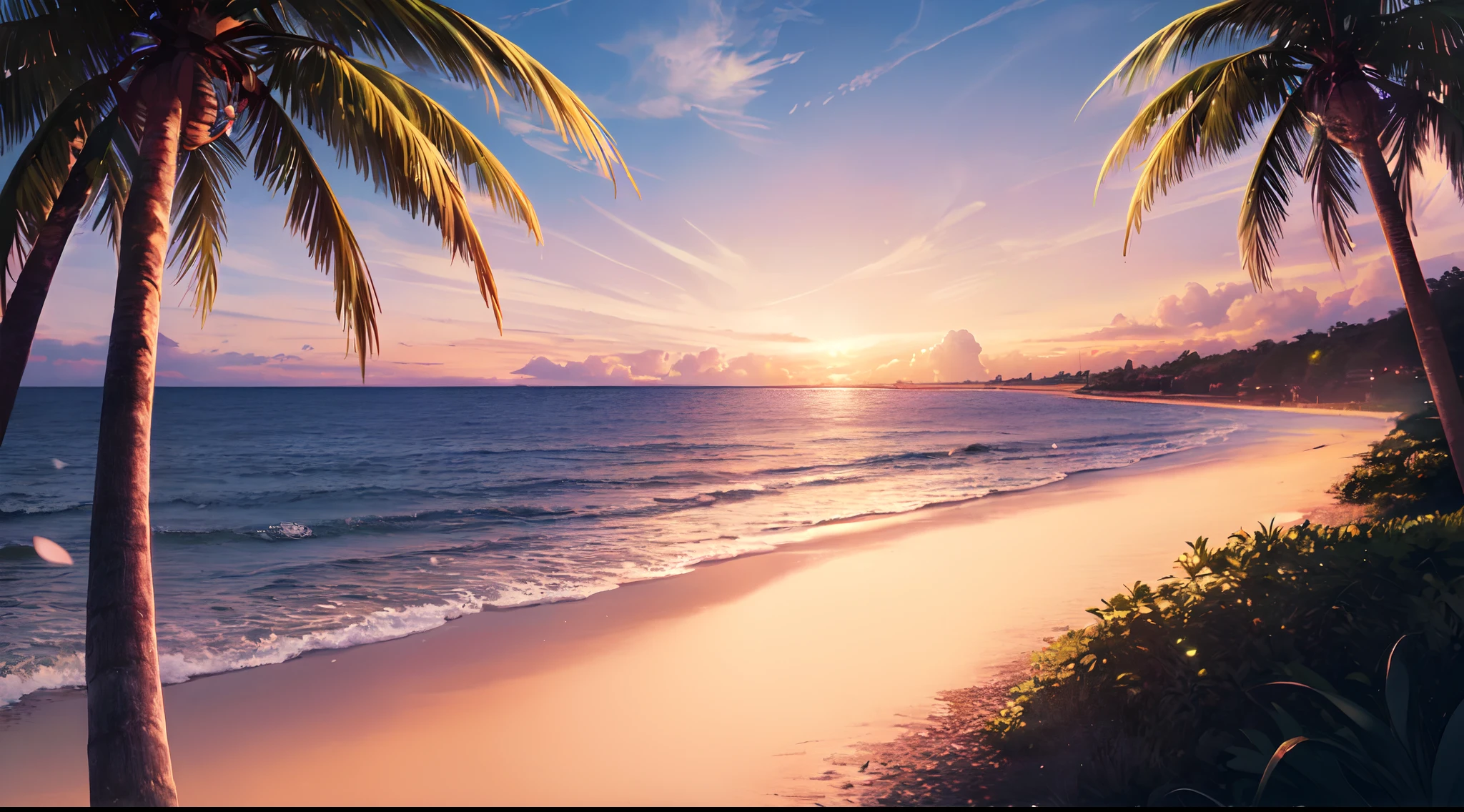 (8K,RAW photos,highest quality, masterpiece,HDR,bloom:1.2),girl,desktop wallpaper,outdoor,cinematic lighting,morning,clouds,Sea,beach,Summer,sky,sun,Coconut tree
