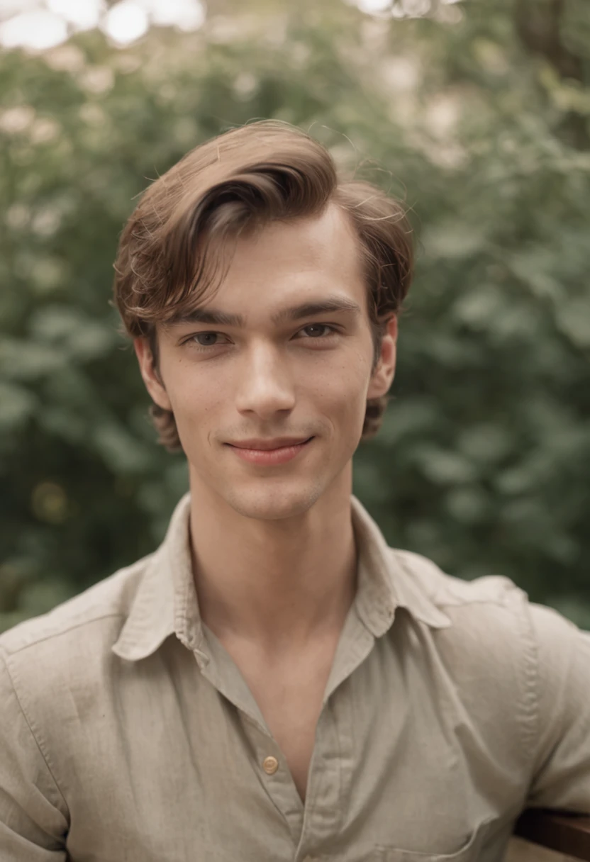 A vintage grainy low quality realistic photograph in the 60s, a handsome young James man smiling, sitting on a bench, 60s quality,1960s grainy quality, poor quality, worst quality, Male, Man, hot MAN, JAMES IS A MAN NOT A WOMAN