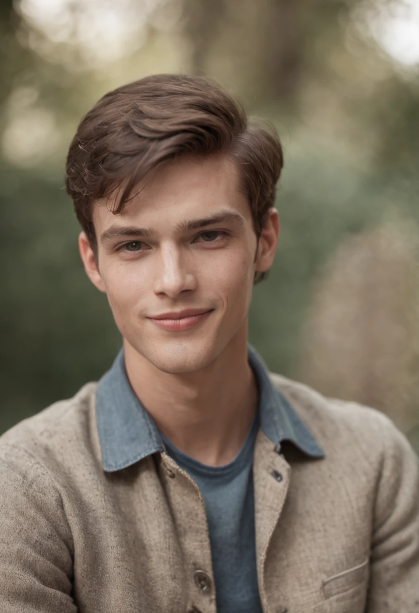 A vintage grainy low quality realistic photograph in the 60s, a handsome young James man smiling, sitting on a bench, 60s quality,1960s grainy quality, poor quality, worst quality, Male, Man, hot MAN, JAMES IS A MAN NOT A WOMAN