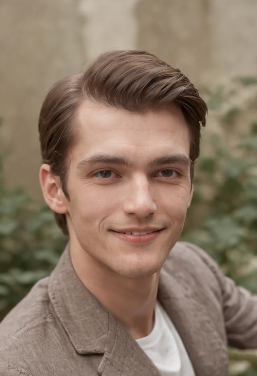 A vintage grainy low quality realistic photograph in the 60s, a handsome young James man smiling, sitting on a bench, 60s quality,1960s grainy quality, poor quality, worst quality, Male, Man, hot MAN, JAMES IS A MAN NOT A WOMAN