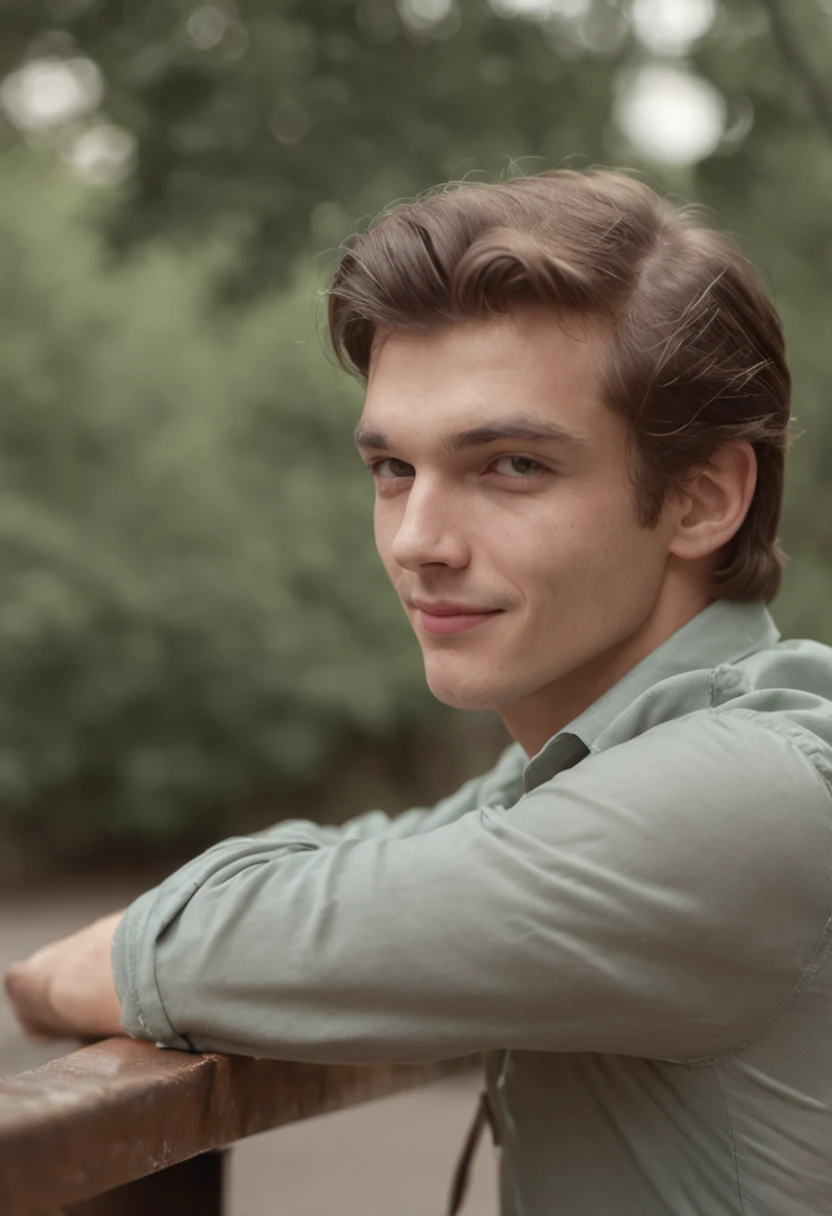 A vintage grainy low quality realistic photograph in the 60s, a handsome young James man smiling, sitting on a bench, 60s quality,1960s grainy quality, poor quality, worst quality, Male, Man, hot MAN, JAMES IS A MAN NOT A WOMAN