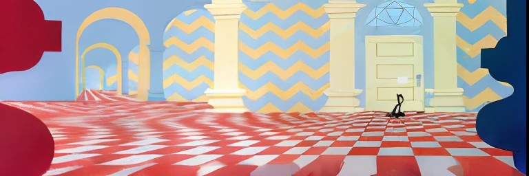 there is a room with a checkered floor and a clock, checkered floor, illusion painting hidden image, peter driben, on a checkered floor, 1980s art, dance hall background, op art, op art with big bold patterns, by Elizabeth Charleston, herringbone floor, optical illusion art, 1 9 6 0 s art
