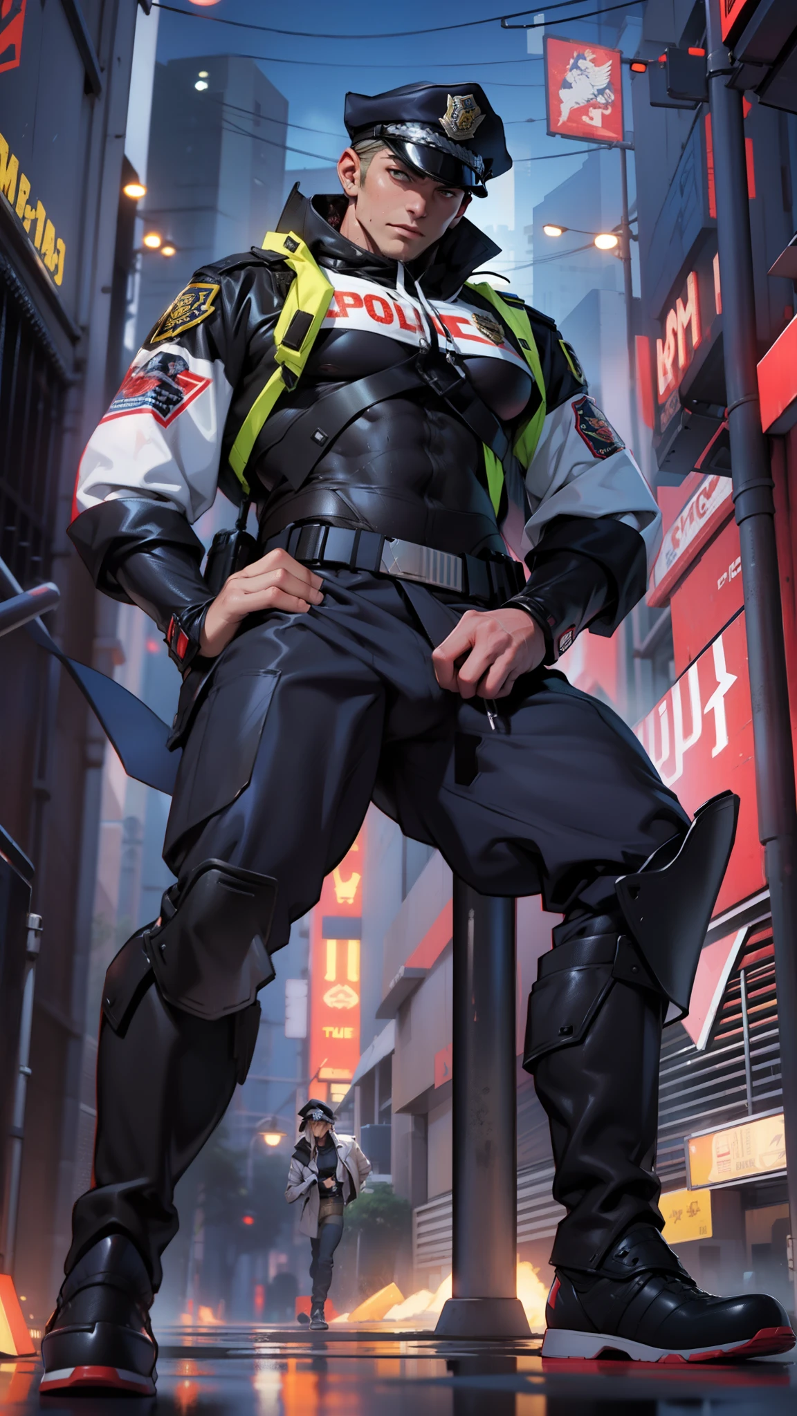 A tall muscular boy , Naked , Legs spread , （The whole body of the character），impact , Sweaty , Wet , Seductive , Bigboobs , large bulge , big balls ,, From the knees , big assa，police hat，mechs，punky style