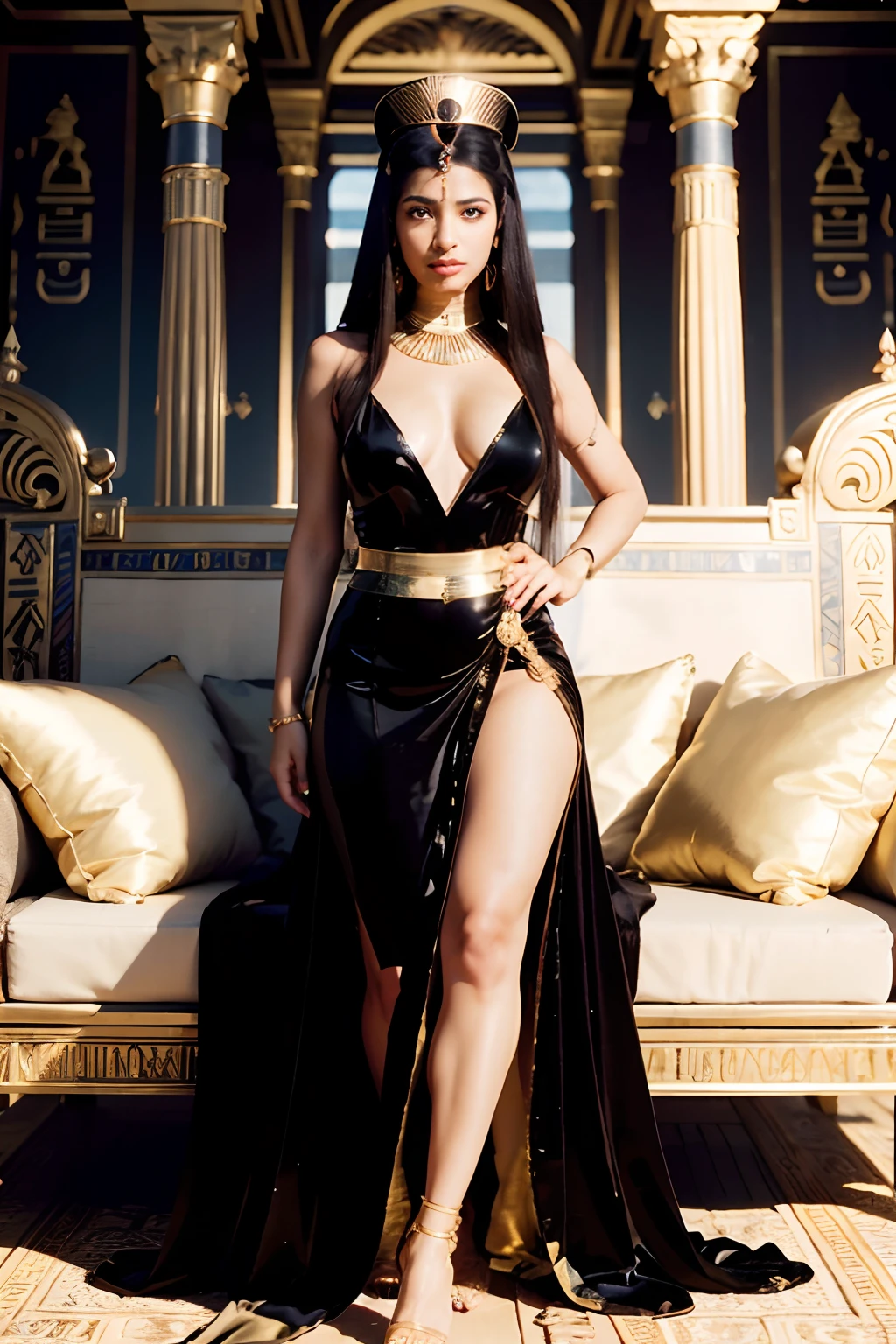 cleopatra, egyptian queen, light brown eyes, glowing eyes, black glossy hair, long hair, resting on a cushion, golden dress, glowing dress, egyptian palace, golden ornaments, lens flares, raytracing reflexes, iridiscente reflexes, glossy diamond earrings, (navel), velvet red saron skirt, lower point of view, (Indirect gaze)
