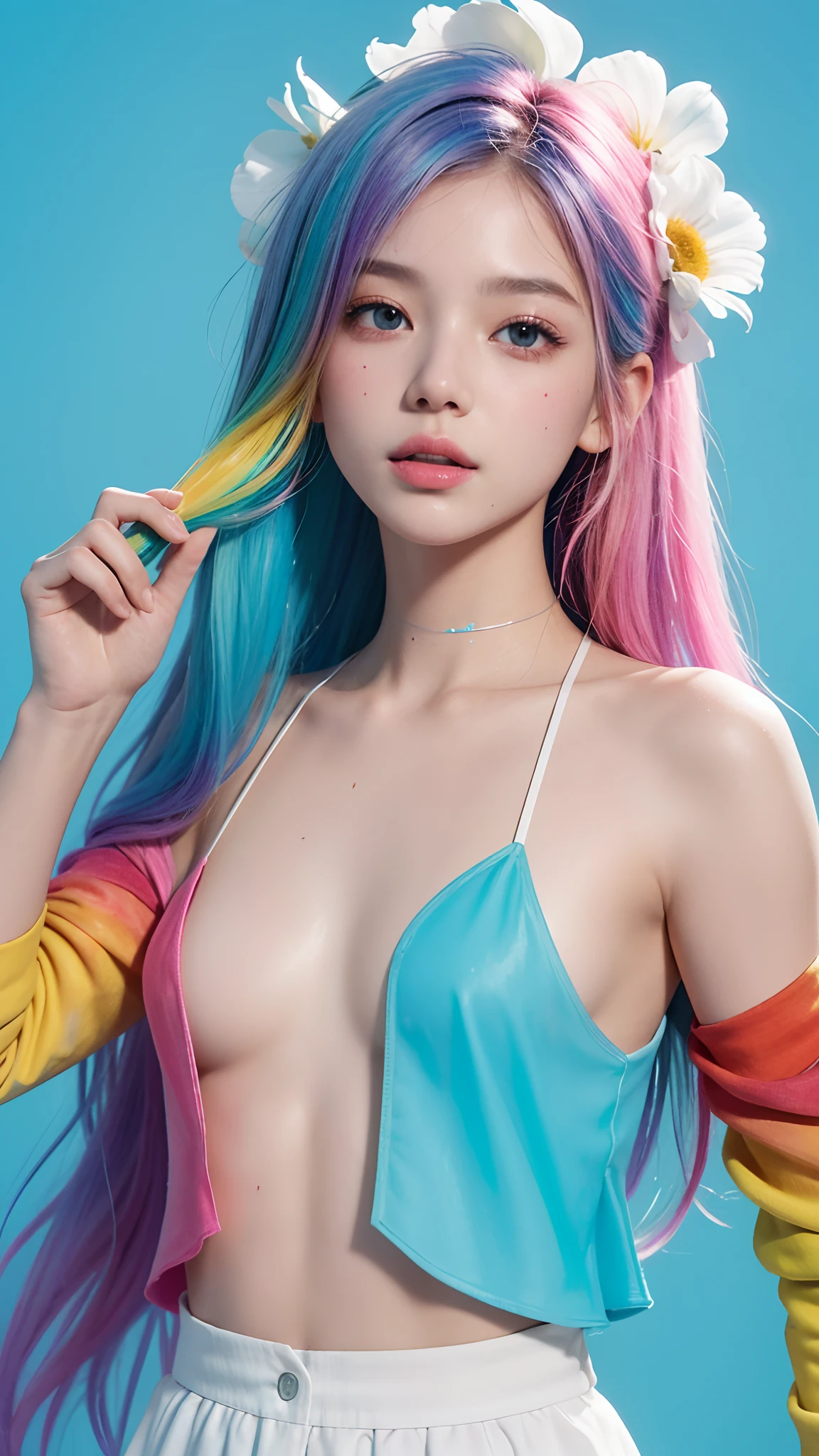 (Pink fashion T-shirt:1.9),(Colorful hair:1.8),(Rainbow all colors:1.8),((((Vertical painting:1.6))),(painting of a:1.6),largeeyes,crystal-clear,(rainbow color gradient high ponytail:1.7),Delicatemakeup,Keep one's mouth shut,(Small Fresh:1.5),long eyelasher,White shoulder T- shirt, White Shoulder Shirt,looking at viewert,watery big eyes, perfect figure beautiful woman:1.4, Slim abs:1.2, ((Layered Hair Style, huge tit:1.2)), (Long shirt with wet white buttons:1.1),(Sateen,the street:1.2),Get wet:1.5,Highly detailed facial and skin texture,A detailed eye,二重まぶた,Look sideways at the camera,open shirts,nabel,exposing your navel,Cover your chest with your hands,Hands on the chest,(rainbow colour hair:1.6), colored splashing, (Solo:1.8), colored splashing, Color explosion, Color splattering, Color explosion, Thick lacquer style,Messy lines,((Shining)) ,(Colorful), (Colorful), (Colorful), Colorful, Thick Paint Style, (Splash) (colored splashing), Vertical painting, paint splatter, Acrylic Pigment, Gradient, Paint, Highest image quality, Highest image quality, Masterpiece, Solo, Depth of field, facepaint, (ellegance: 1.2), opulent, long whitr hair, ventania, (ellegance: 1.3), (petals: 1.4),(((Masterpiece))),(((Best quality at best))),((ultra - detailed)),(illustratio),(dynamic angle),((floatking)),(Paintwork),((Loose hair)),(Solo),(1girll) , (( (Detailed anima face))),((Beautiful detailed face)),collars,exposed bare shoulders,whaite hair,((The color hair)),((Striped hair)),Beautiful detailed eyes,(Gradient color eyes),(( (Colored eyes))),(((coloured background))),(((high saturated))),(((Surrounded by colorful splashes))),