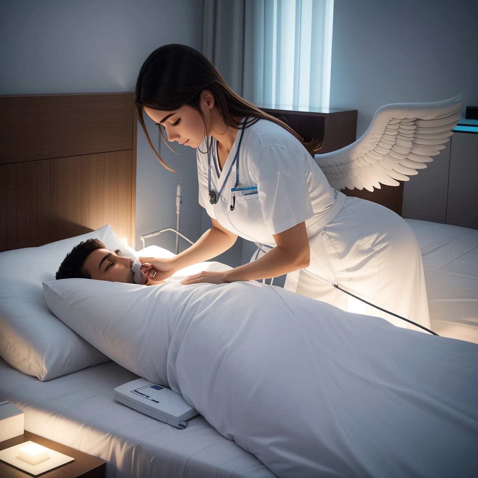 enfermeira, cuidando de um paciente na cama, while being guided by angels, futuro, hospital, iluminacao triste, cenario detalhado, obra-prima, ultra realista, fotografia perfeita, angulo perfeito, rostos perfeito, foto profissional, 8k