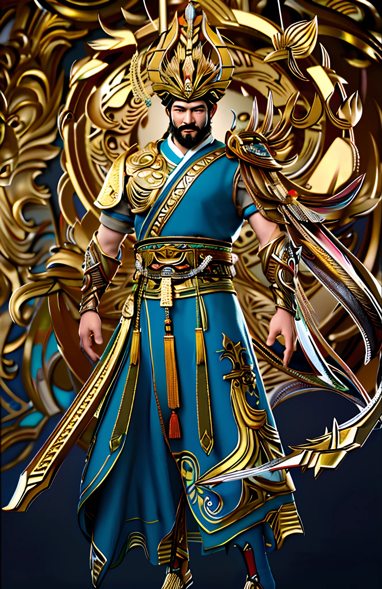 arafed image of a man in a golden outfit with a sword, inspired by Hu Zaobin, inspired by Huang Shen, inspired by Li Kan, inspired by Kailash Chandra Meher, persian warrior, inspired by Wu Bin, concept art of a warrior, guan yu, male warrior, portrait of a male warrior, hybrid from dynasty warriror