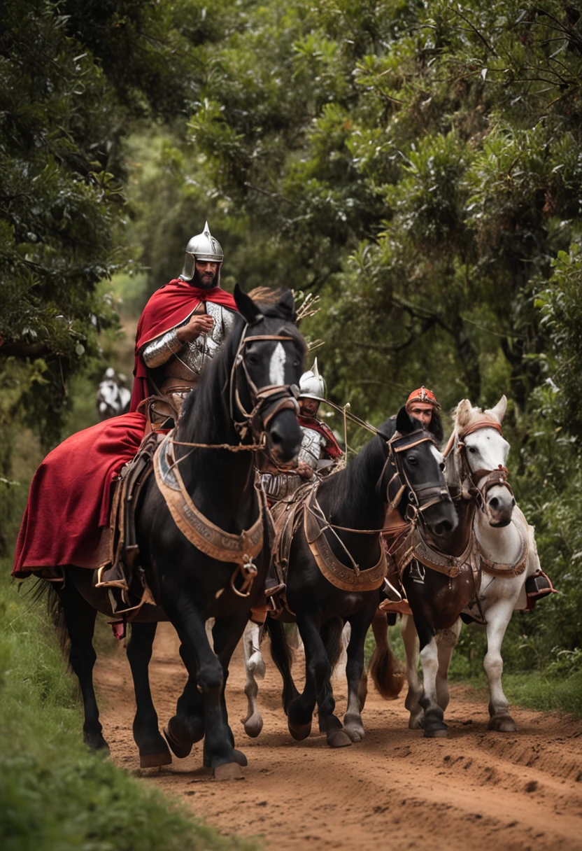 uma caravana medieval com cavaleiros reais, caravana da realeza, homens e mulheres, em seus cavalos viajando pela estrada, com os cavalos cobertos pelo manto real vermelho