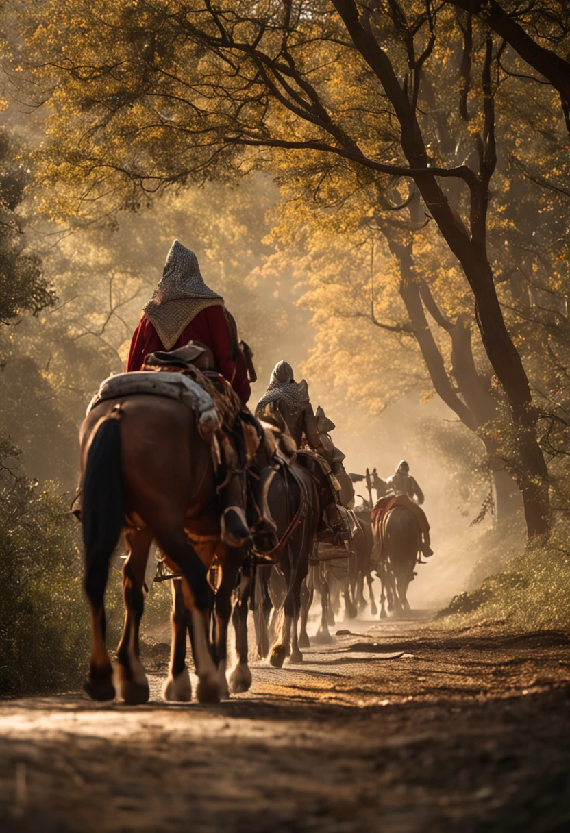 uma caravana medieval com cavaleiros reais, caravana da realeza, homens e mulheres, em seus cavalos viajando pela estrada, com os cavalos cobertos pelo manto real vermelho