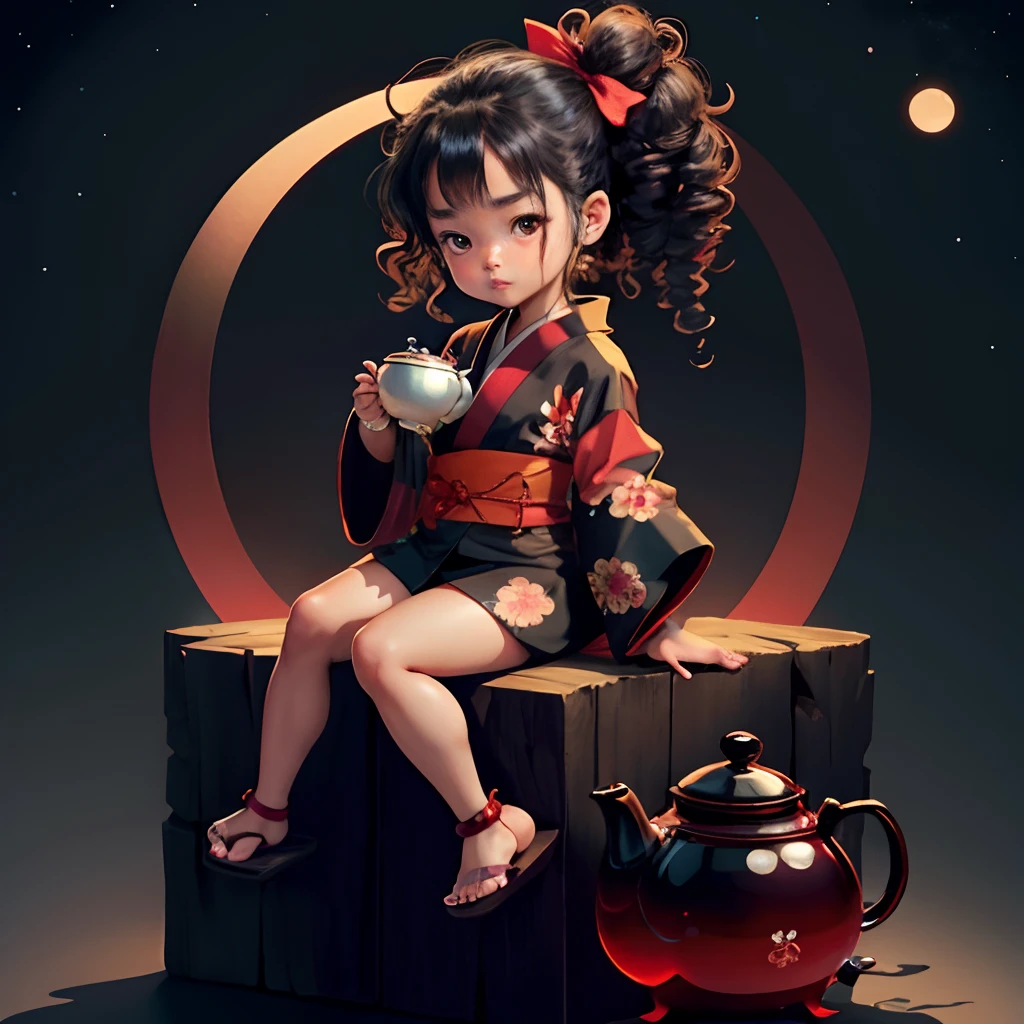 Cute dark brown skinned chibi anime, black and red kimono, sit in the teapot, moon, long curly black hair, clear toes, clear feet, freckle face, wear sandals, hair tied up