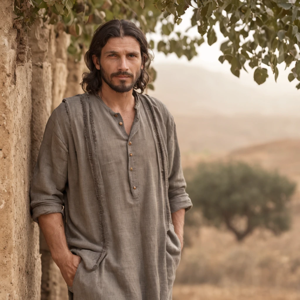 (Professional 3D rendering:1.3) de (Realistic:1.3) , The Prodigal Son, a biblical character, is described as a young man with a robust appearance, cabelo escuro e barba aparada, typical of the inhabitants of the Middle East at the time. He wears simple clothes of linen or wool, with worn leather sandals, reflecting the rural dress style of the region. The backdrop is a thriving farm with fields of undulating wheat, oliveiras e um celeiro de pedra. The story takes place in a period when life in the countryside was marked by hard work, Family traditions and the search for a better life in the city.