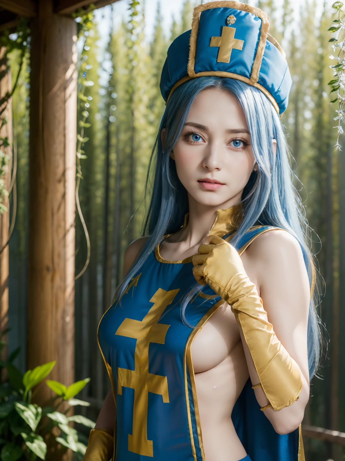 (Beautiful detailed eyes), (beautifull detailed face), (masutepiece, Best Quality:1.1), Priest \(DQ3\), 1girl in, Solo, Long hair, (Blue hair), (Red Eyes), (mitre), (Thin Tabard:1.4), (Crossprint), (Orange Elbow Gloves), Large breasts, Holding, A staff, Nature, Blue sky, (Bare shoulders), (full of sweat), (Covered )