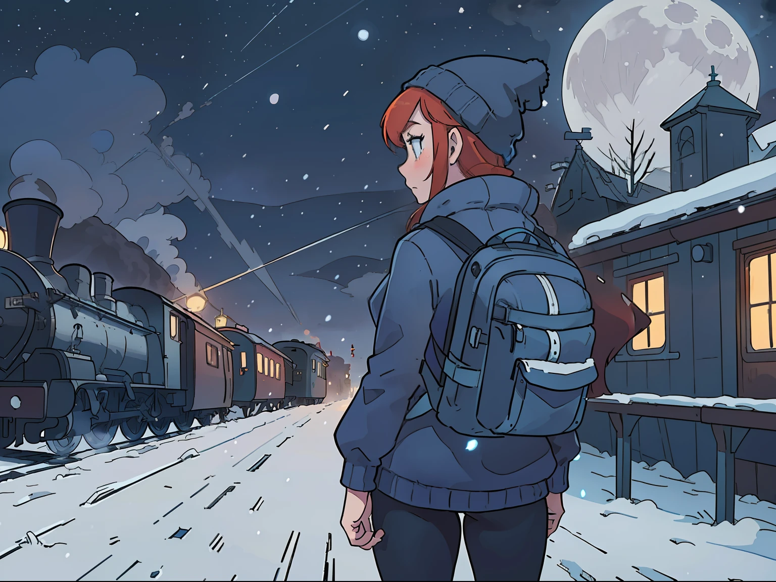 masterpiece, cinematic angle, dynamic framing, back shot poster a back view of a beautiful, slim redhead woman wearing a bright blue sweater, tights, beanie and a backpack getting off an old, steam train into a small, creepy town at night, weather snowing, snowy, blizzard with scary, dark atmosphere, foggy, fog,snowing night time large moon
