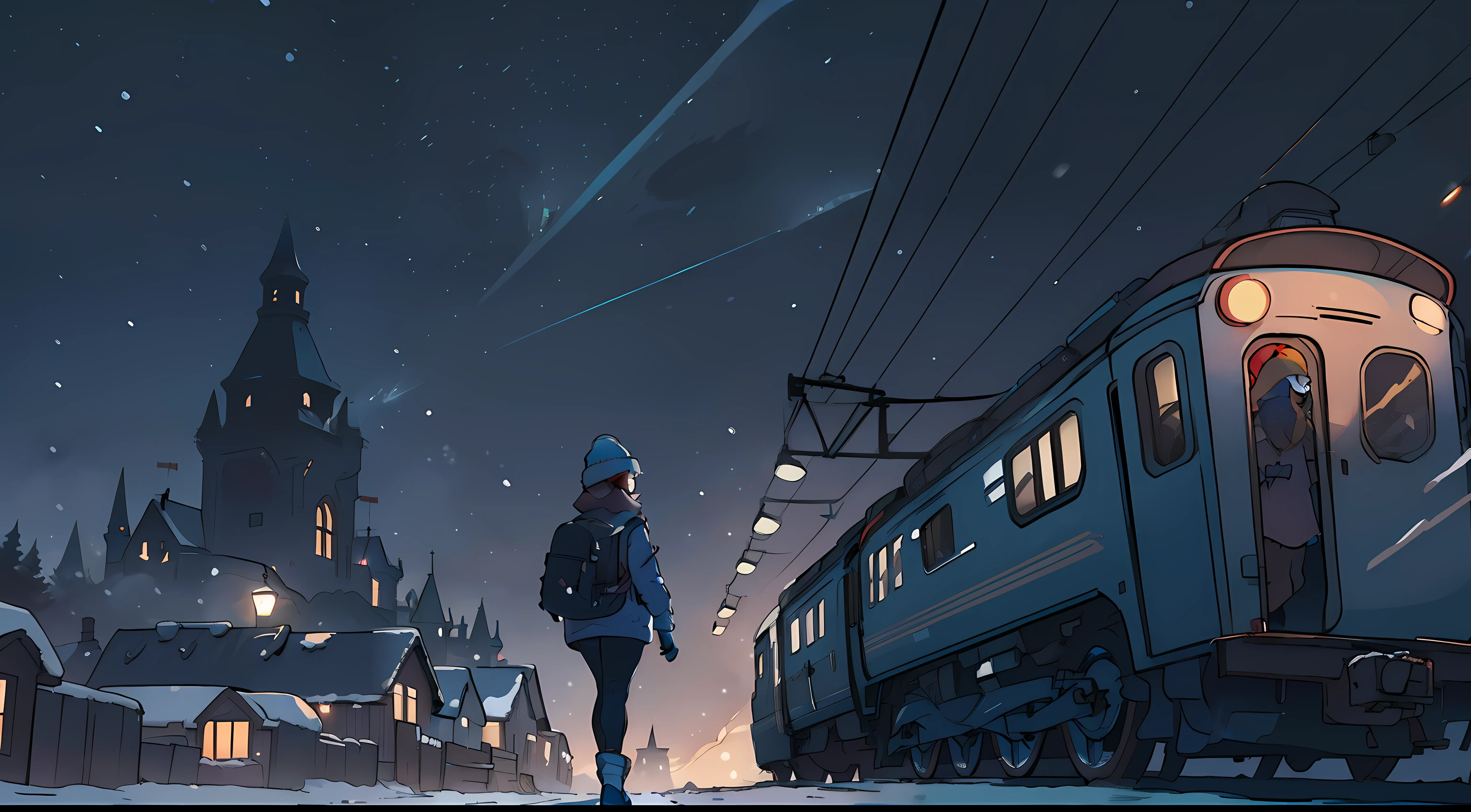 masterpiece, cinematic angle, dynamic framing, back shot poster a back view of a beautiful, slim redhead woman wearing a bright blue sweater, tights, beanie and a backpack getting off a train into a small, creepy town at night, weather snowing, snowy, blizzard with scary, dark atmosphere, foggy, fog,snowing night time large moon